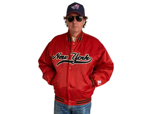 Vintage 1990s New York Starter satin jacket, classic sports style, size large.