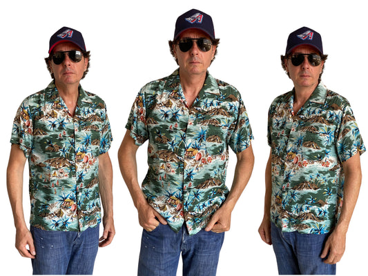 Vintage 1990s Aloha rayon Hawaiian shirt made in Japan with tropical print, size medium