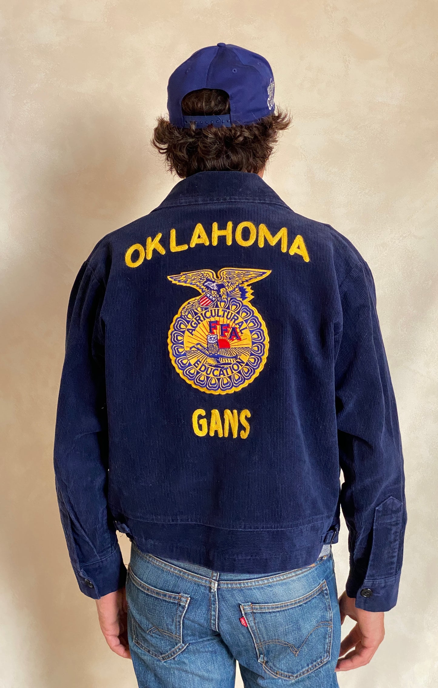 Vintage Oklahoma FFA corduroy jacket, Future Farmers of America style with yellow patch, size 40US 50EU