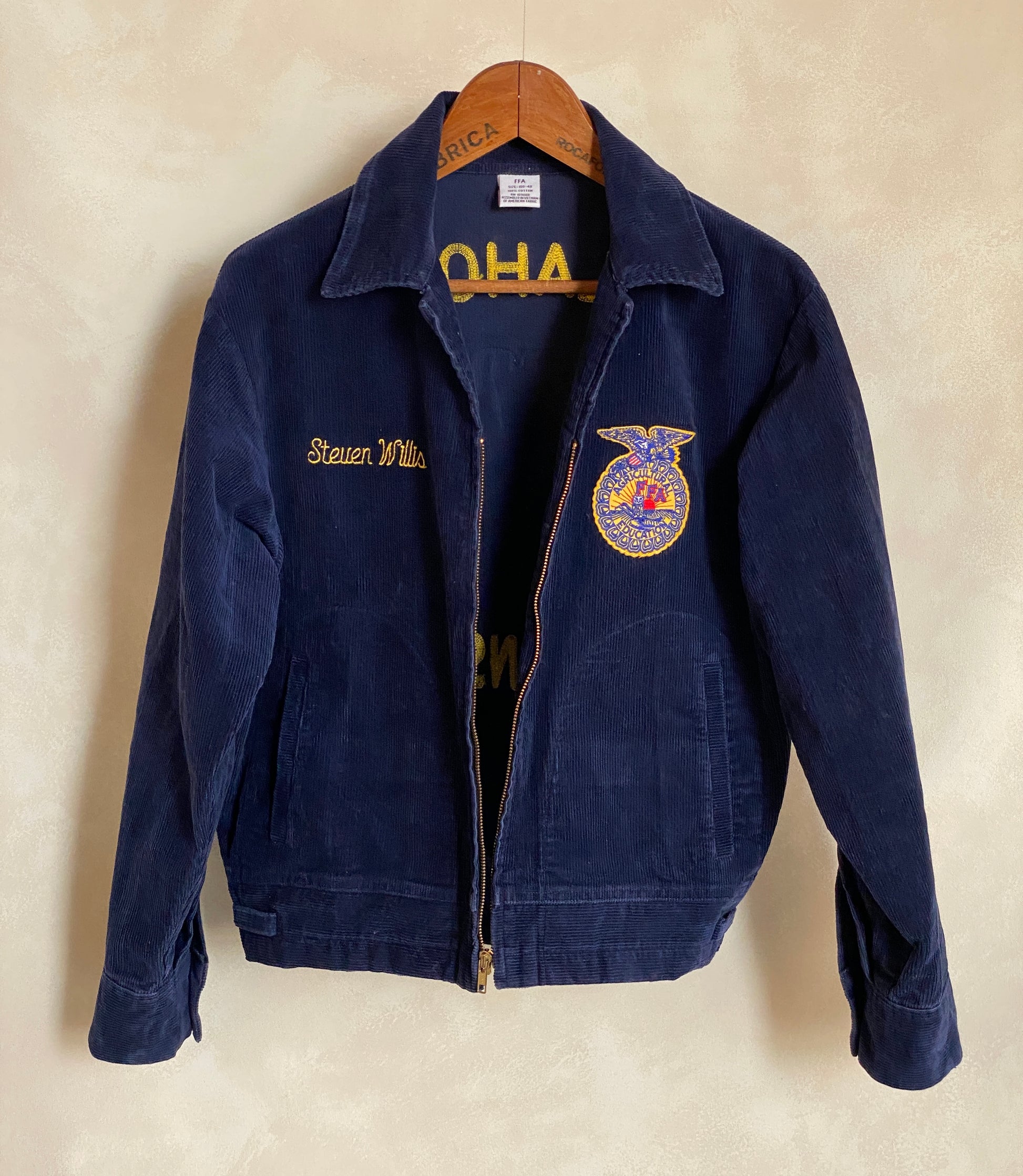 Vintage Oklahoma FFA corduroy jacket, Future Farmers of America style with yellow patch, size 40US 50EU