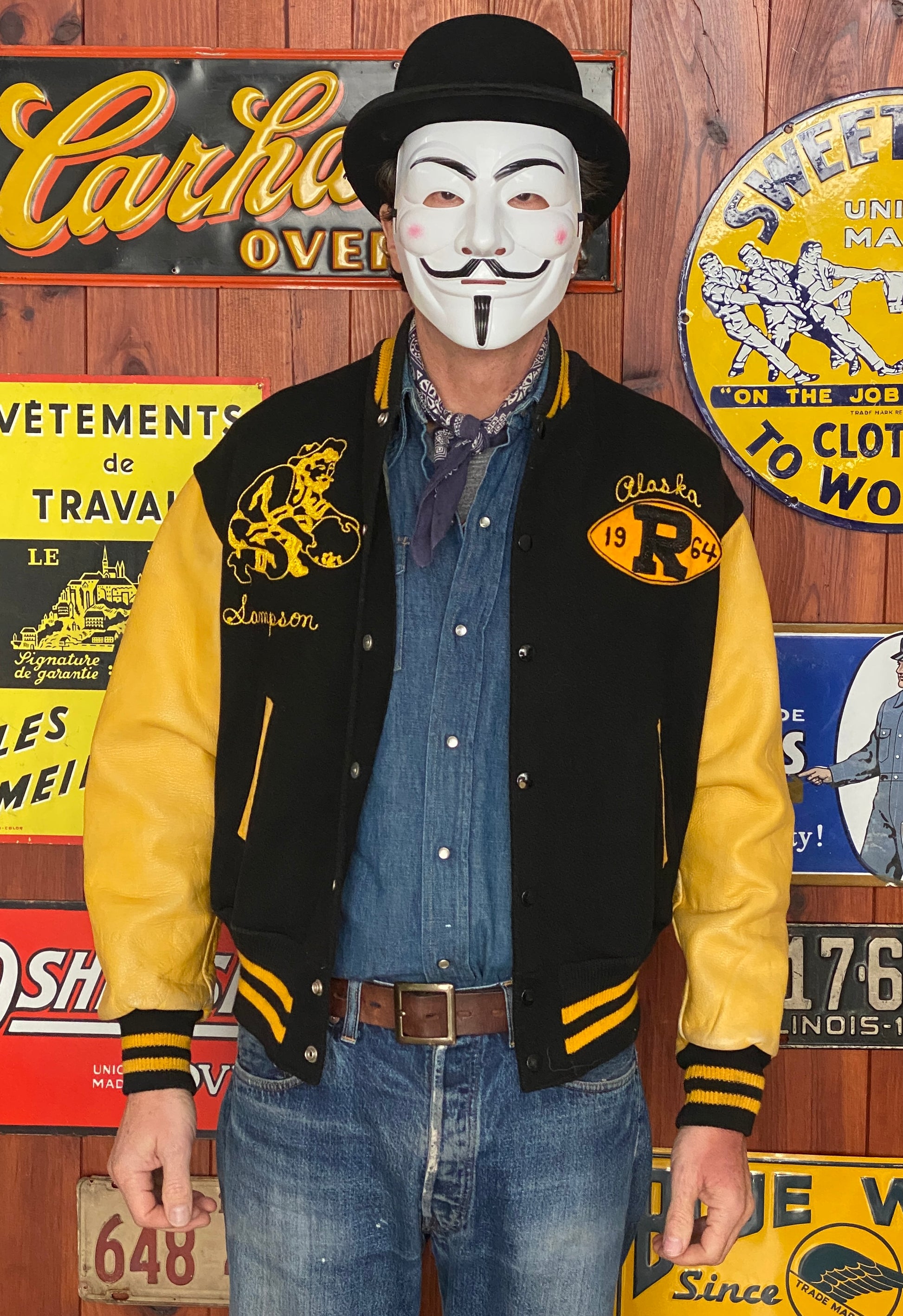 Vintage 1964 varsity jacket from Wainwright, Alaska, size 44 - front view.