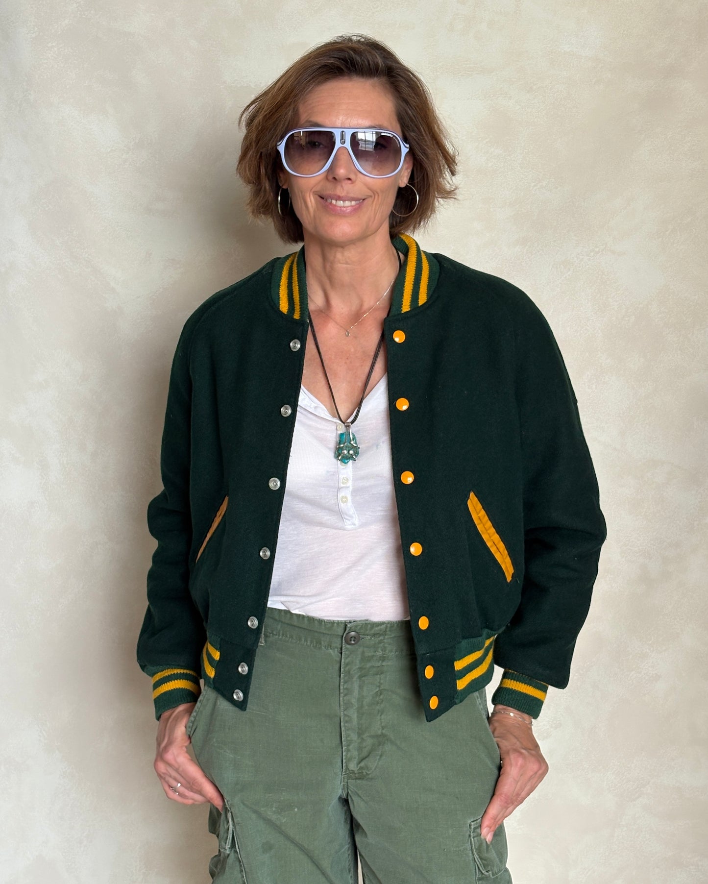 Size 18. Green Vintage 70s varsity jacket Made in USA - USA Vintage Bcn