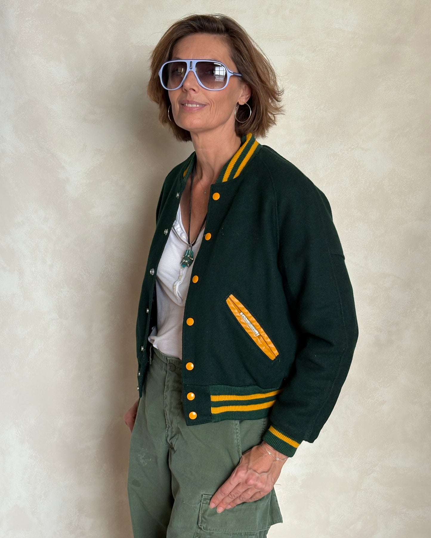 Size 18. Green Vintage 70s varsity jacket Made in USA - USA Vintage Bcn