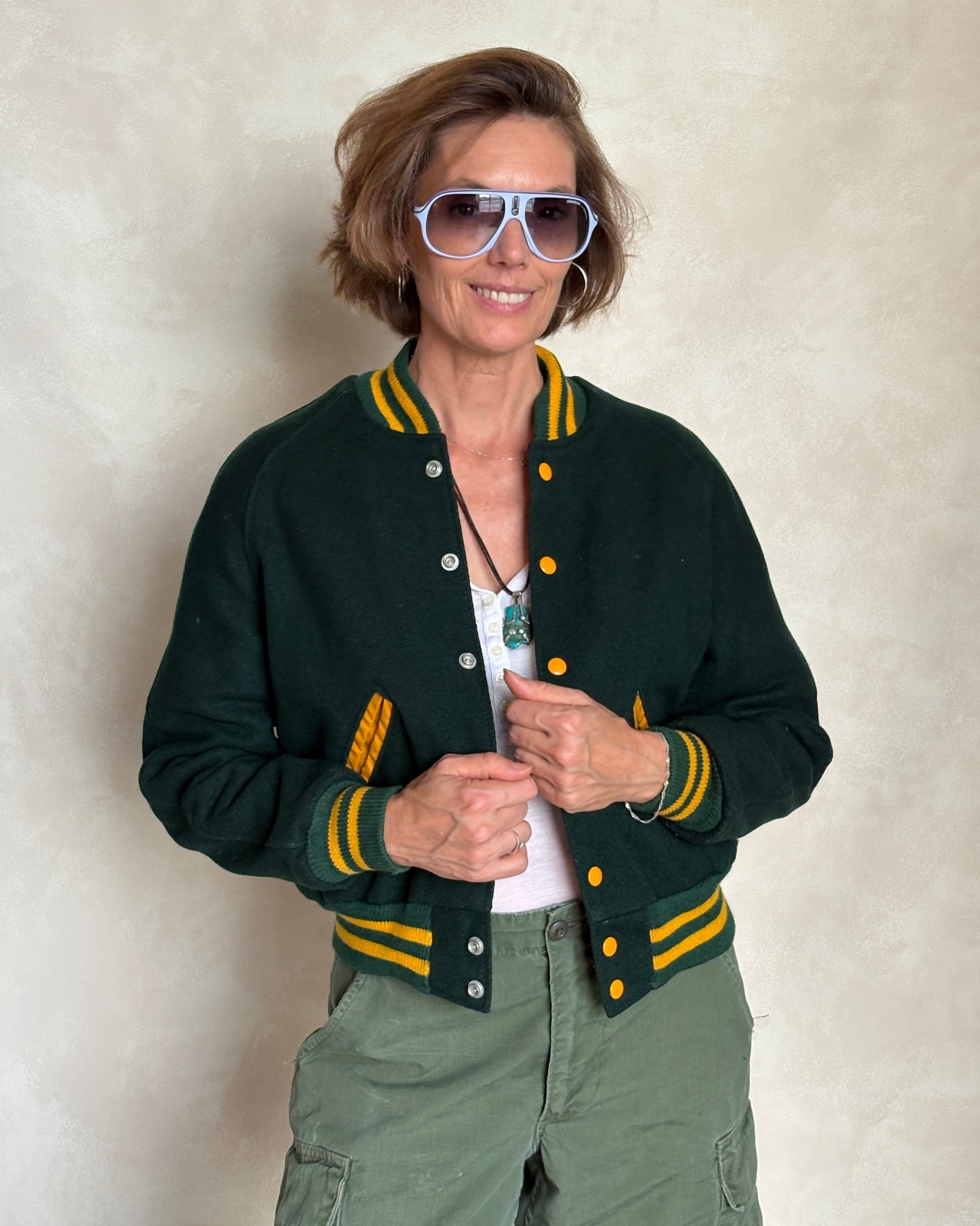 Size 18. Green Vintage 70s varsity jacket Made in USA - USA Vintage Bcn