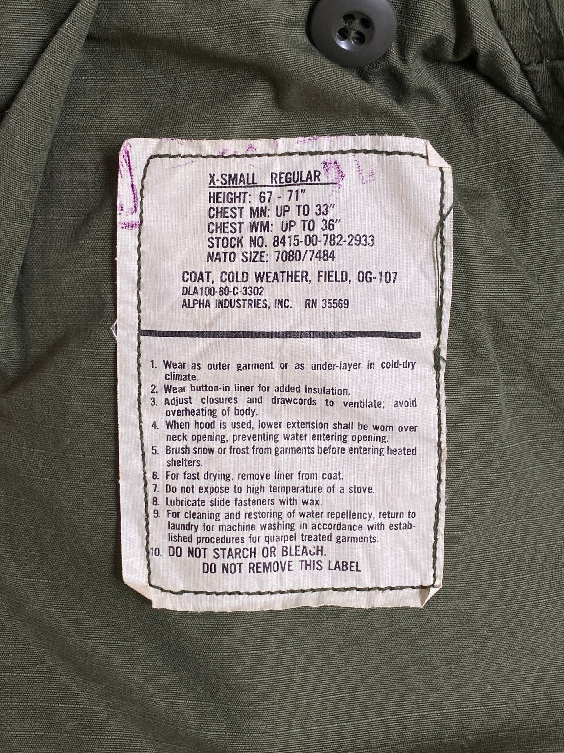 X Small Reg. Authentic 1980 US Army M-65 field jacket Military - USA Vintage Bcn