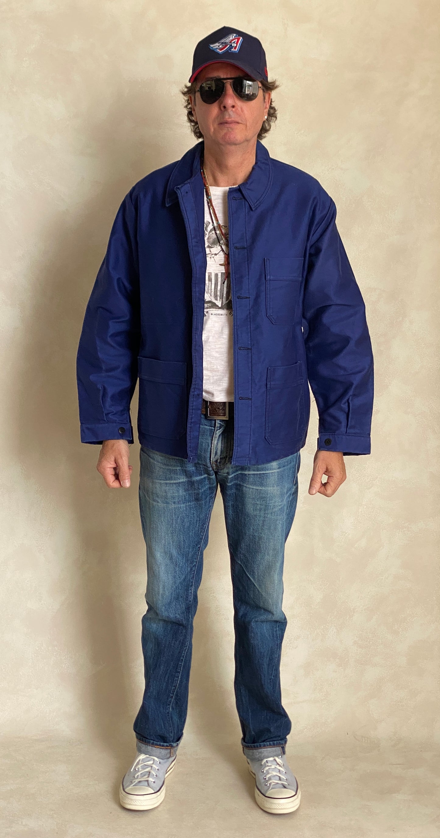 Vintage French moleskin work jacket made in France, heavy cotton chore style, size 50/52EU