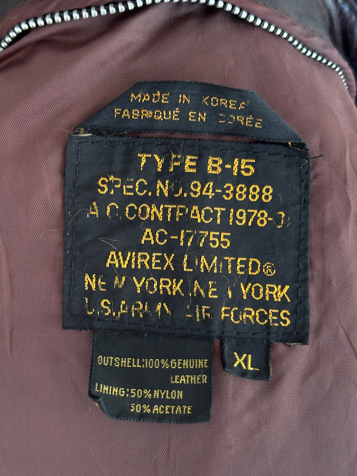 Avirex Limited B-15 Flight Jacket / 1978 US Army Air Forces Contract / Genuine Leather / XL