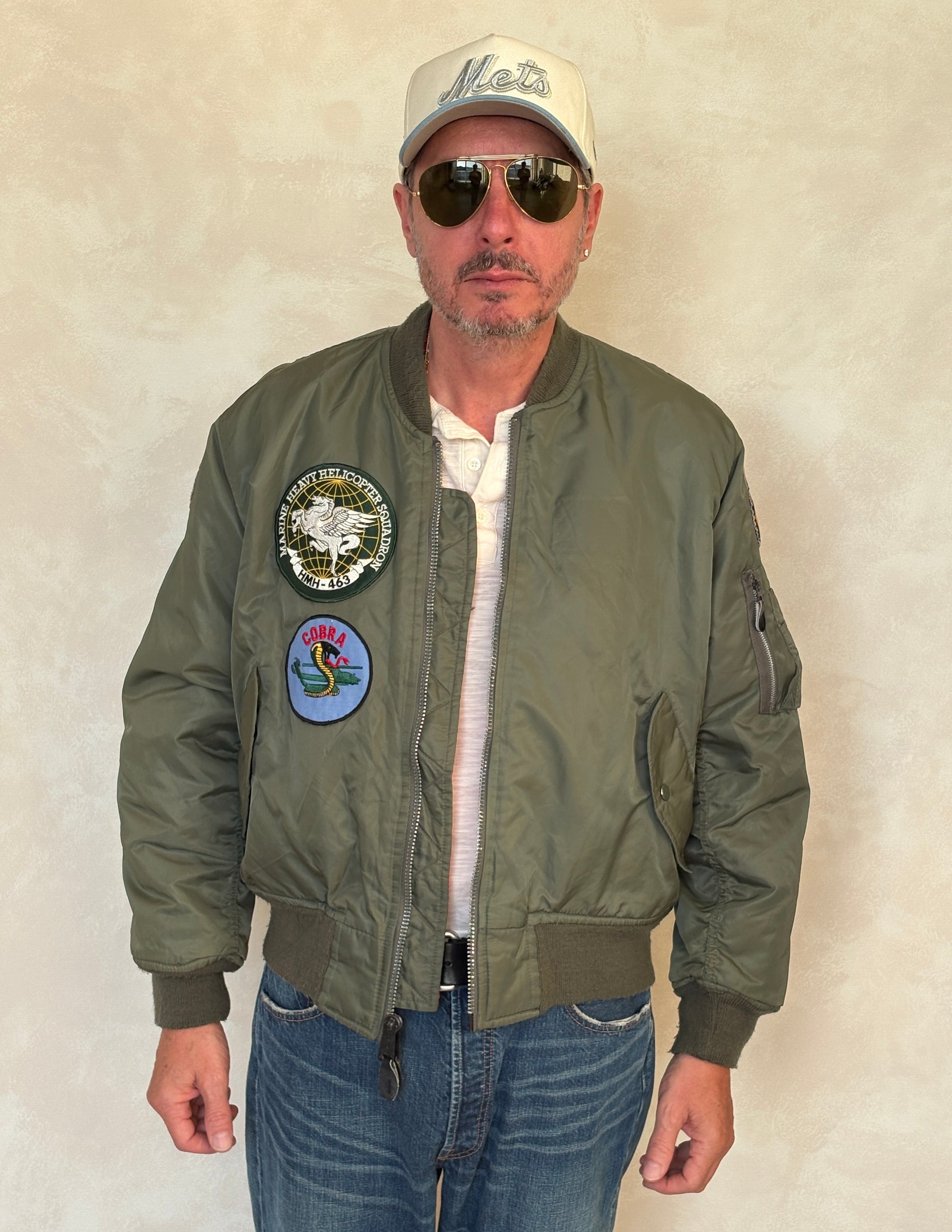 Large . Patched MA1 jacket, flying intermediate type MA-1 Made in USA - USA Vintage Bcn
