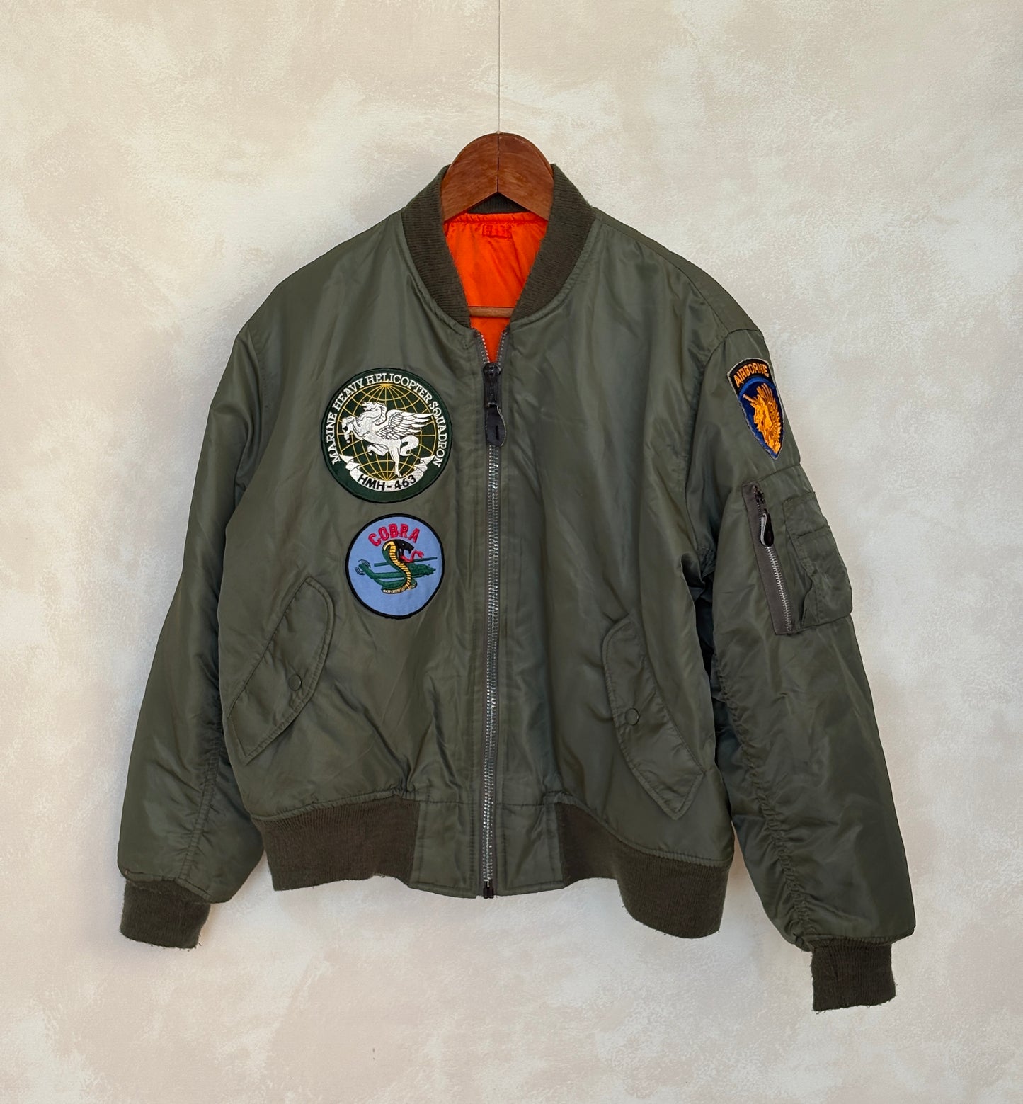 Large . Patched MA1 jacket, flying intermediate type MA-1 Made in USA - USA Vintage Bcn
