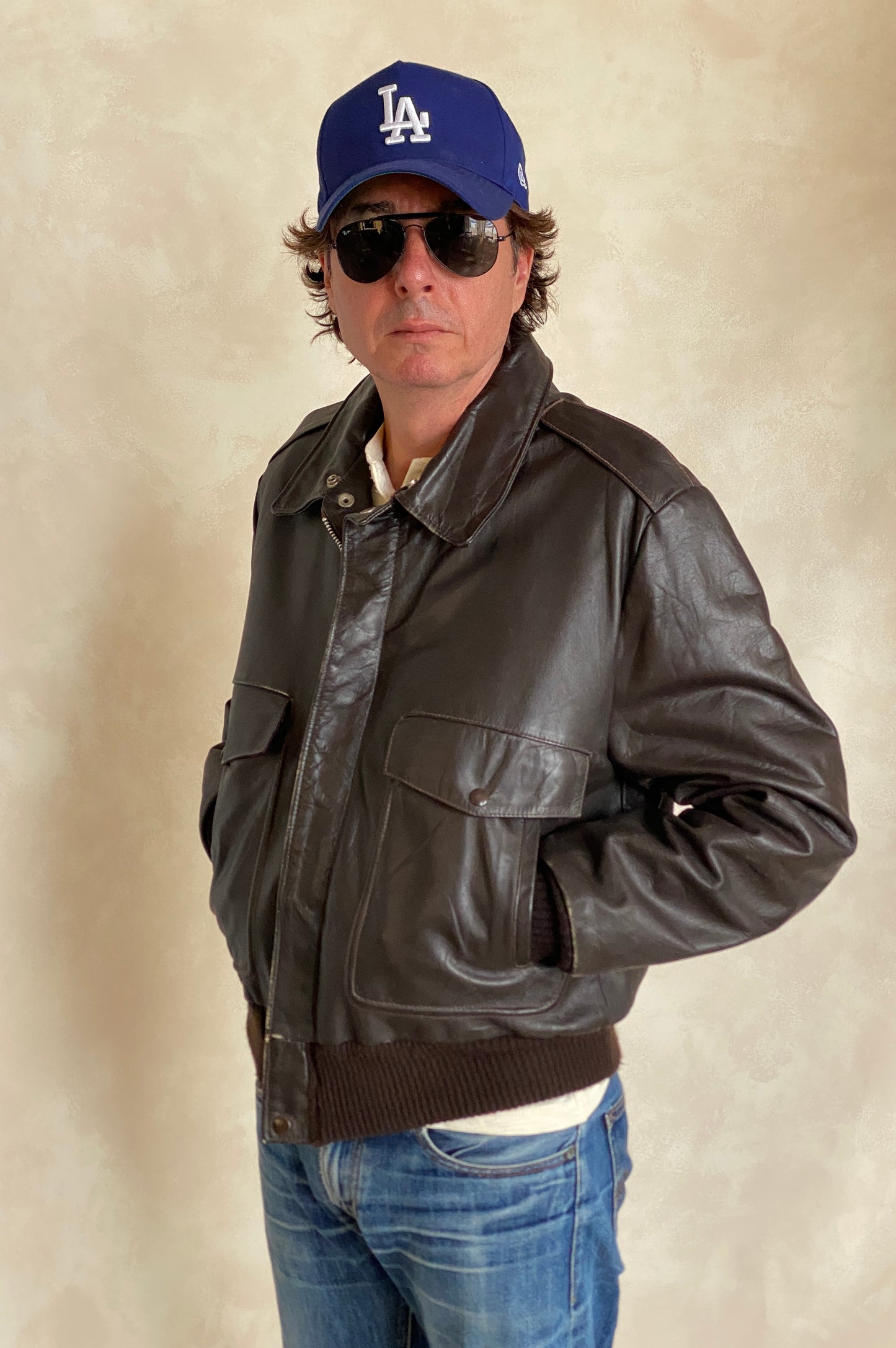 Vintage leather aviator bomber flight jacket, genuine leather, size 44US / 54EU.
