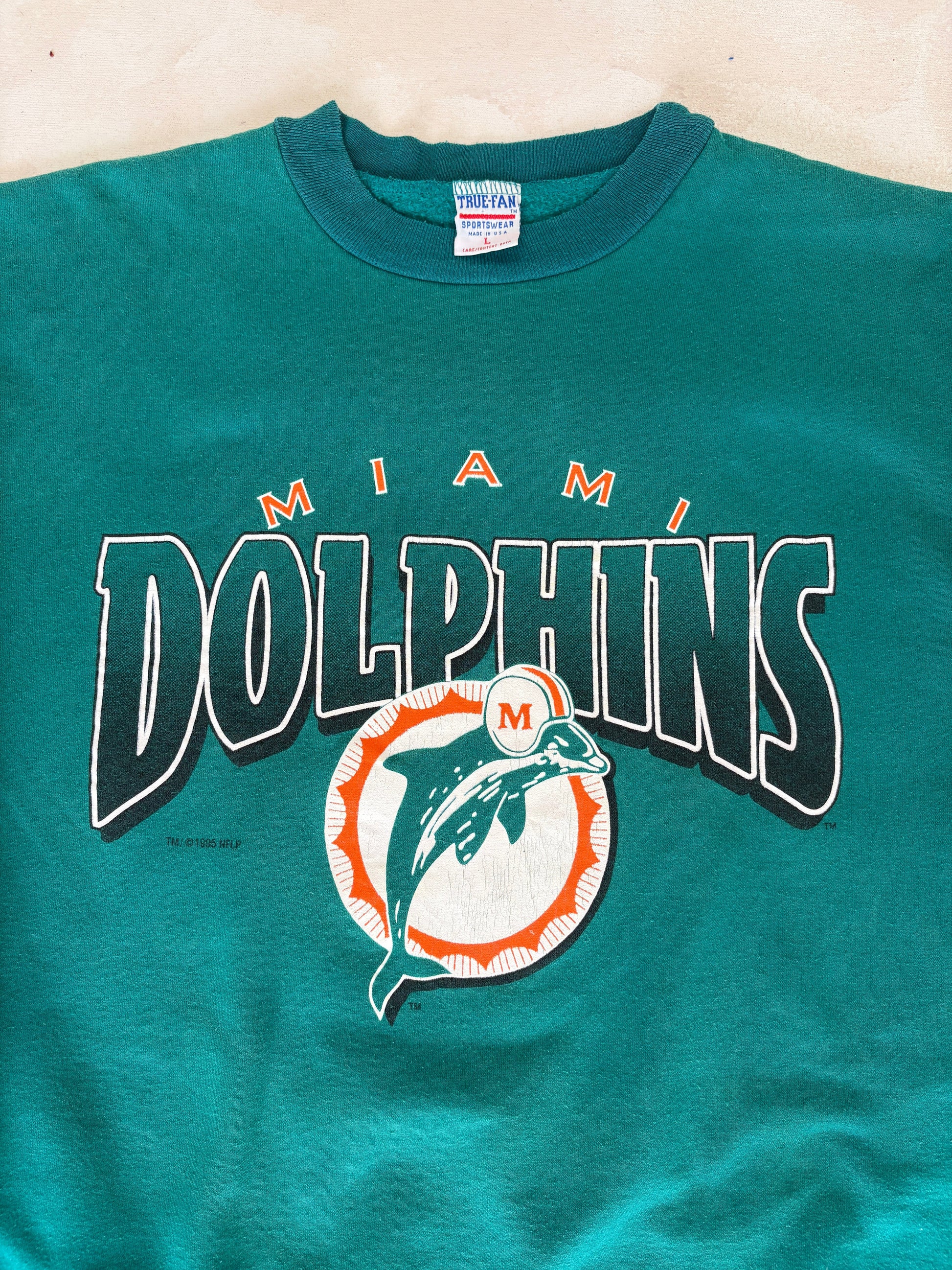 Size L Crew Neck Miami Dolphins 1995 Made in USA By True Fan - USA Vintage Bcn