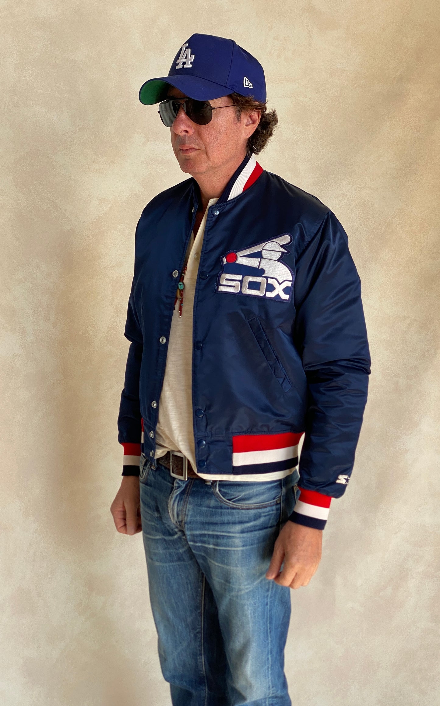 Vintage 1980s Chicago White Sox Starter satin jacket made in USA, size small.