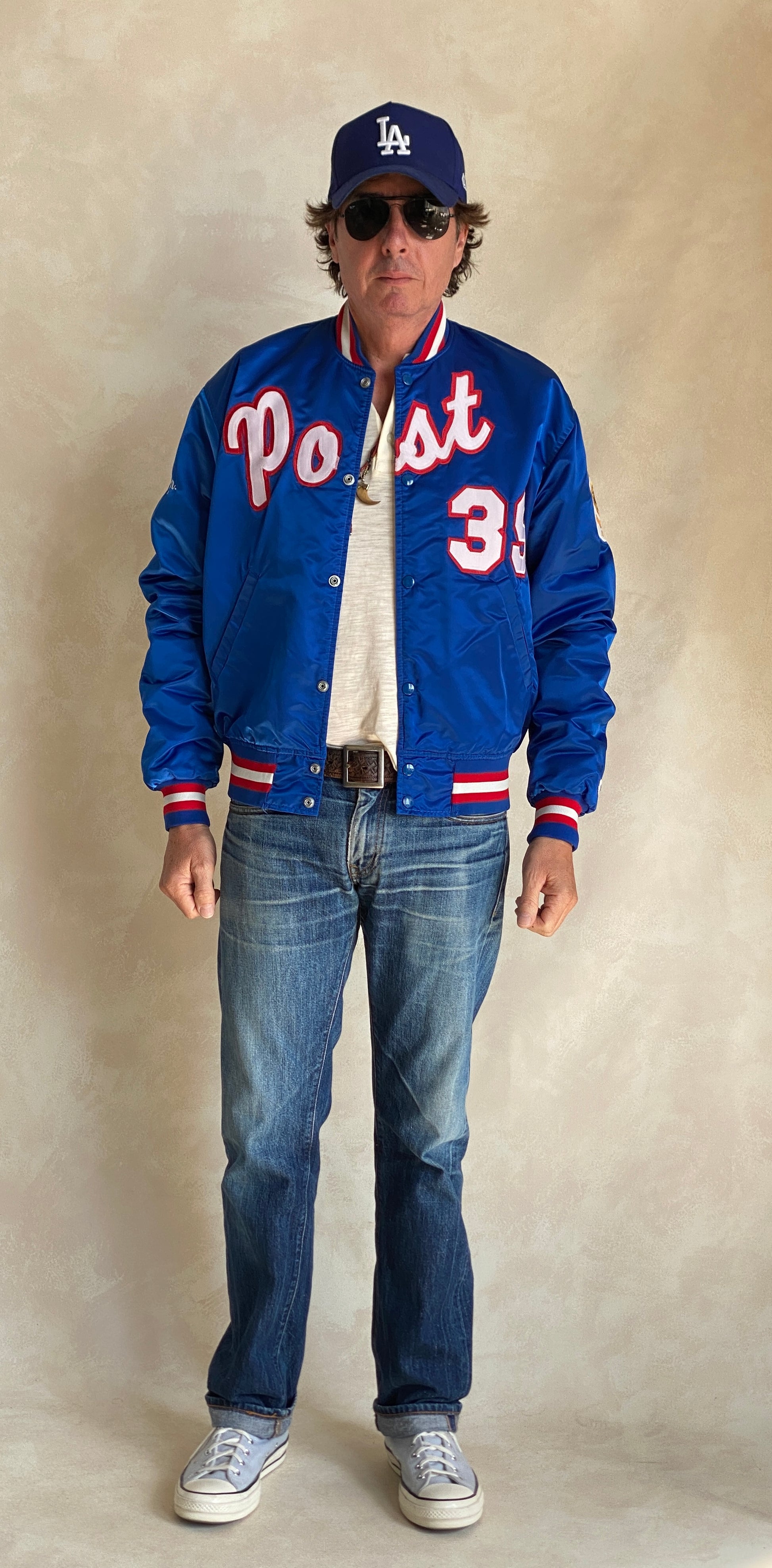 Vintage 1980s Post Starter satin jacket made in USA, size large.