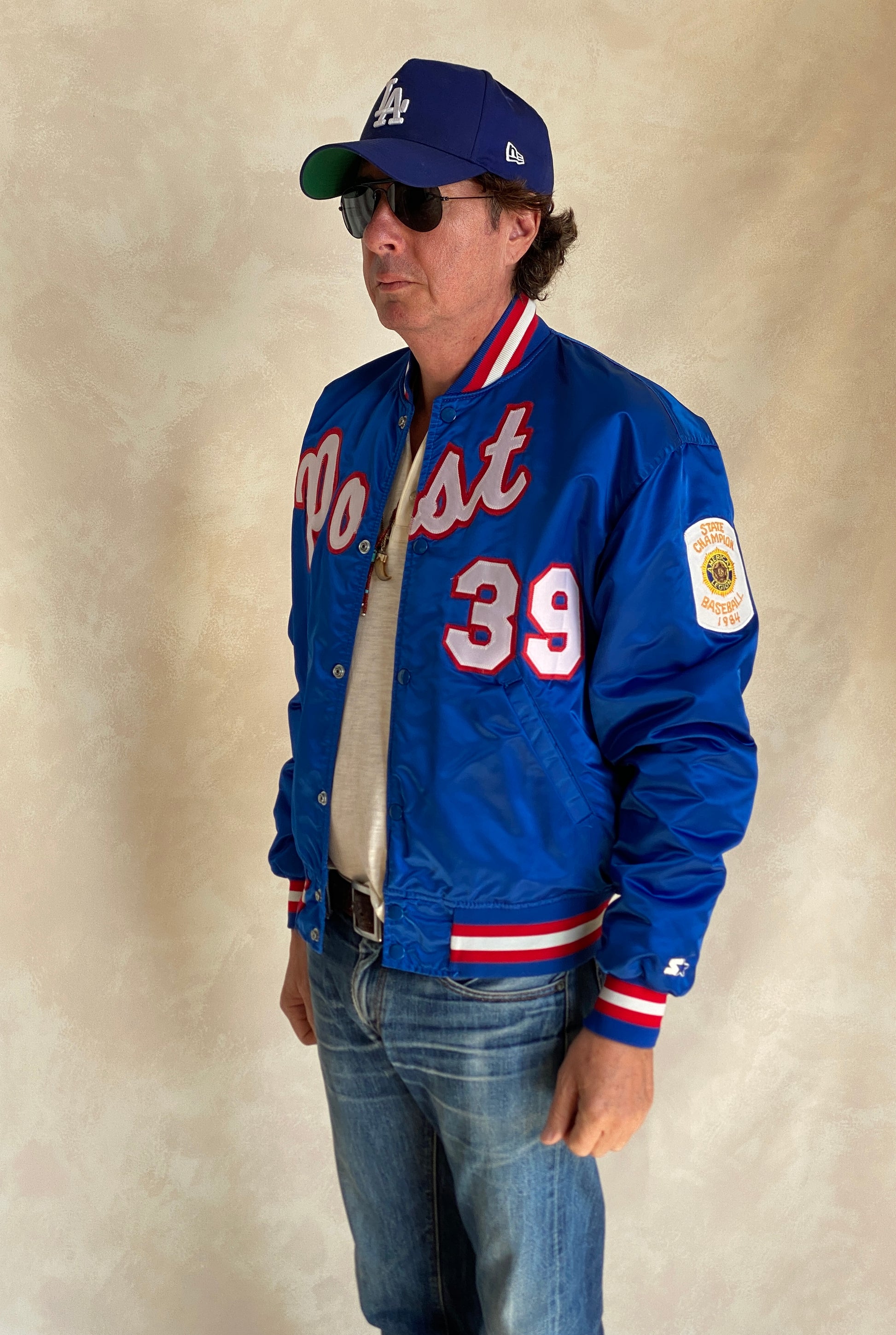 Vintage 1980s Post Starter satin jacket made in USA, size large.