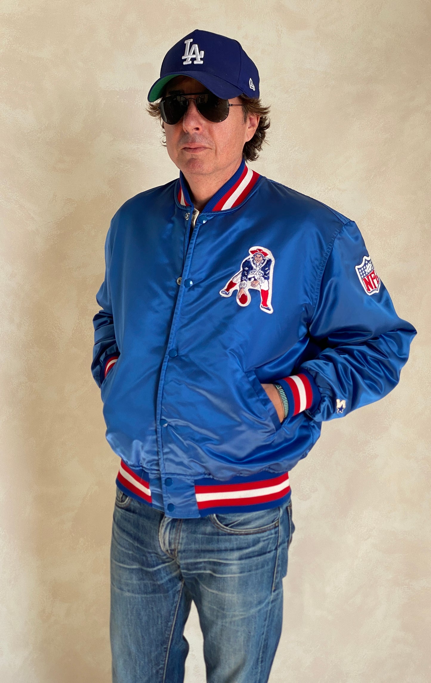 Vintage 1980s New England Patriots Starter satin jacket made in USA, size large.