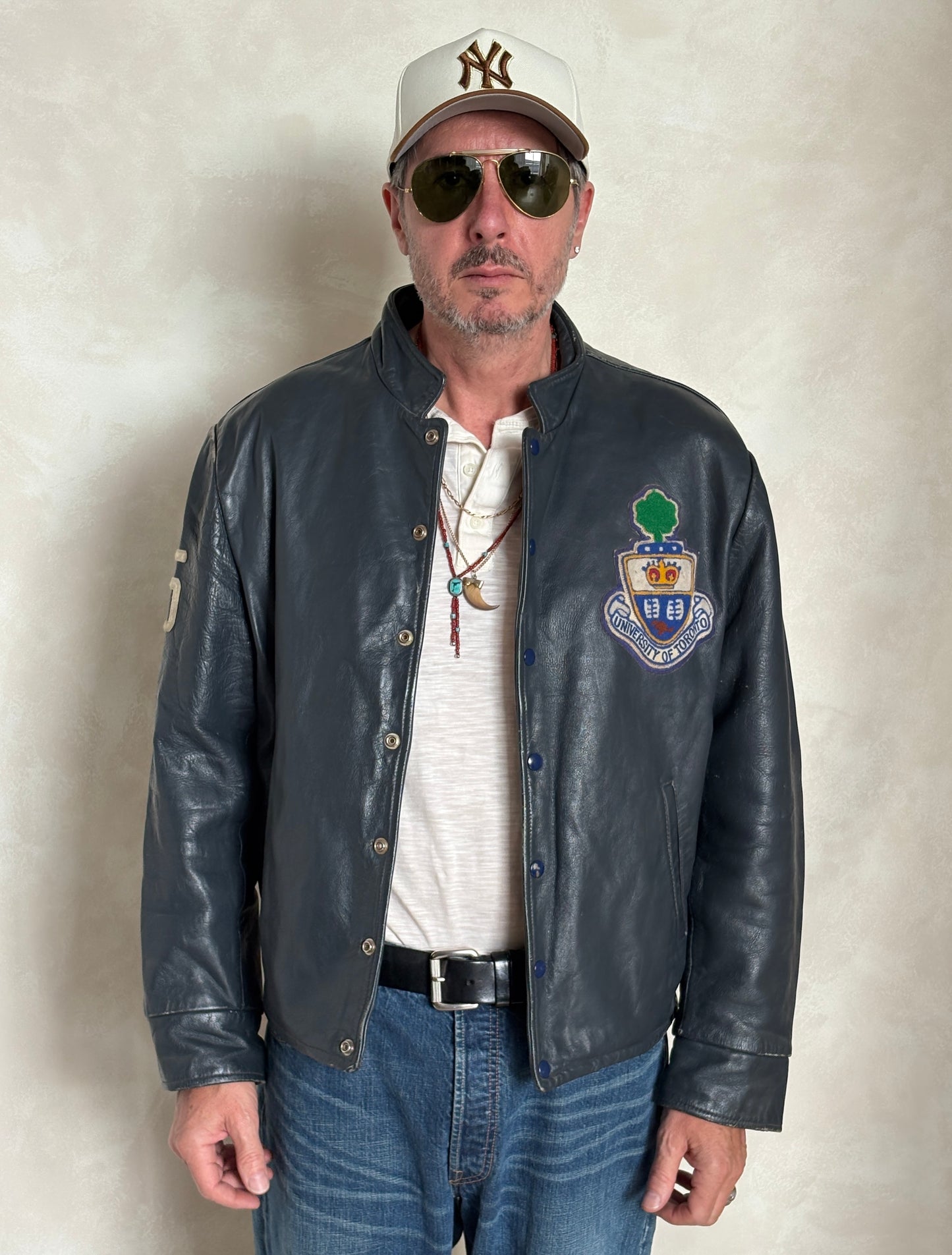 Size Large.  Vintage University of Toronto Leather Varsity Jacket 1970s — Canadian College Bomber — RX Pharmacy Faculty — Made in Canada