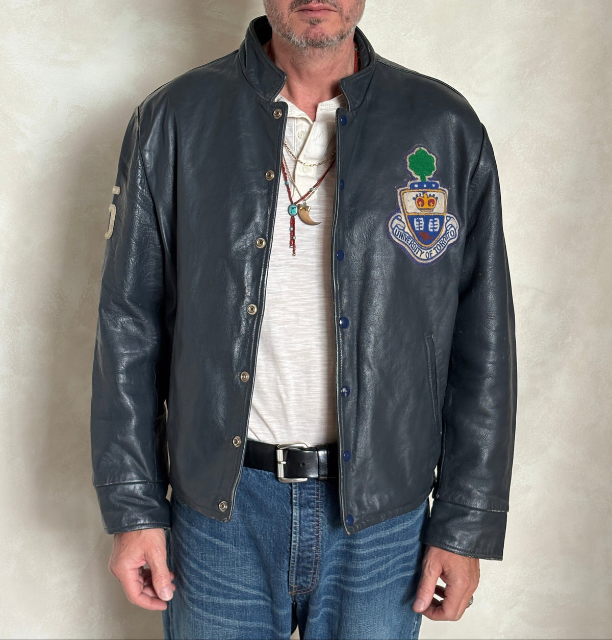 Size Large. Vintage University of Toronto Leather Varsity Jacket 1970s — Canadian College Bomber — RX Pharmacy Faculty — Made in Canada-AJ357 Studio