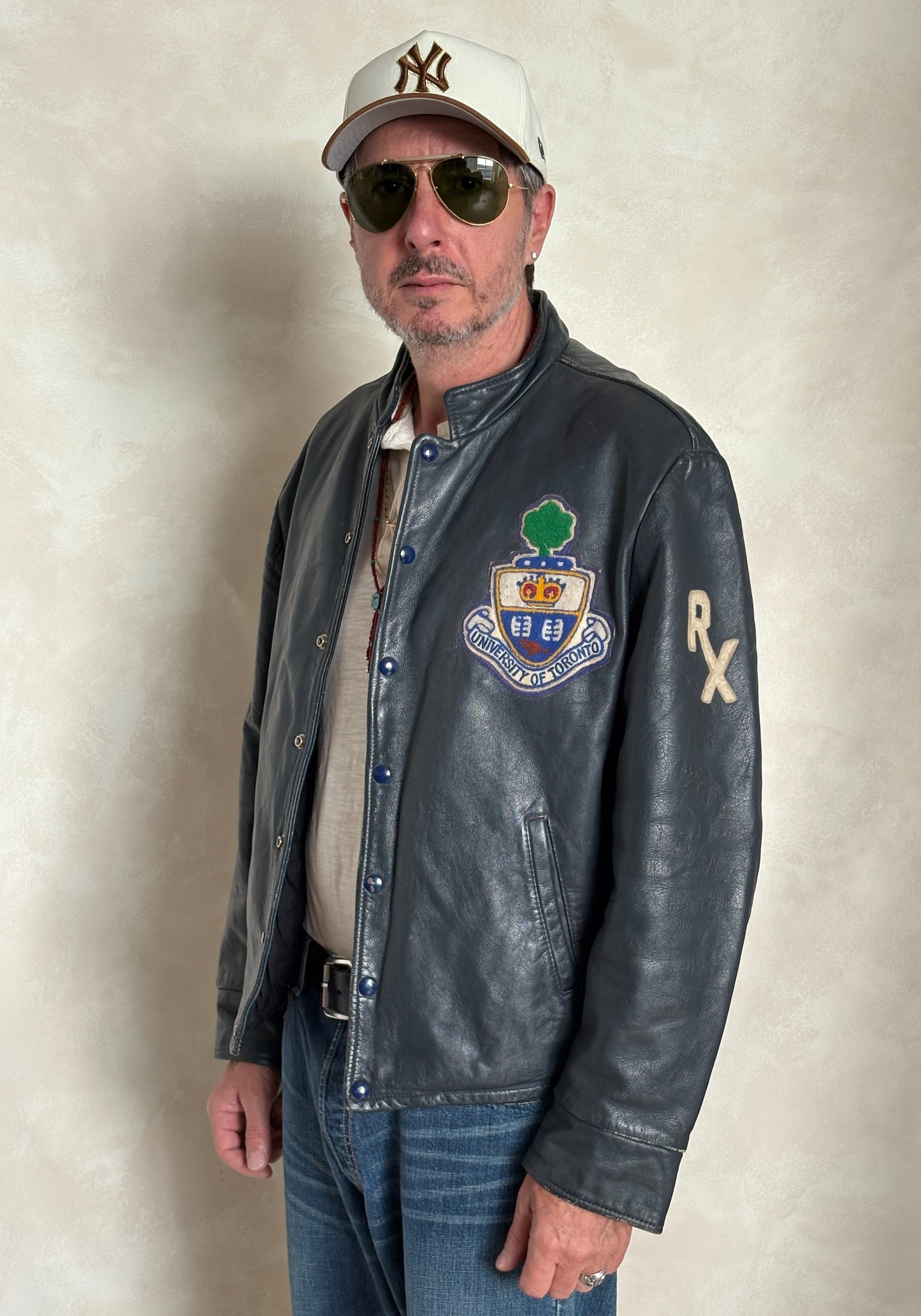 Size Large.  Vintage University of Toronto Leather Varsity Jacket 1970s — Canadian College Bomber — RX Pharmacy Faculty — Made in Canada