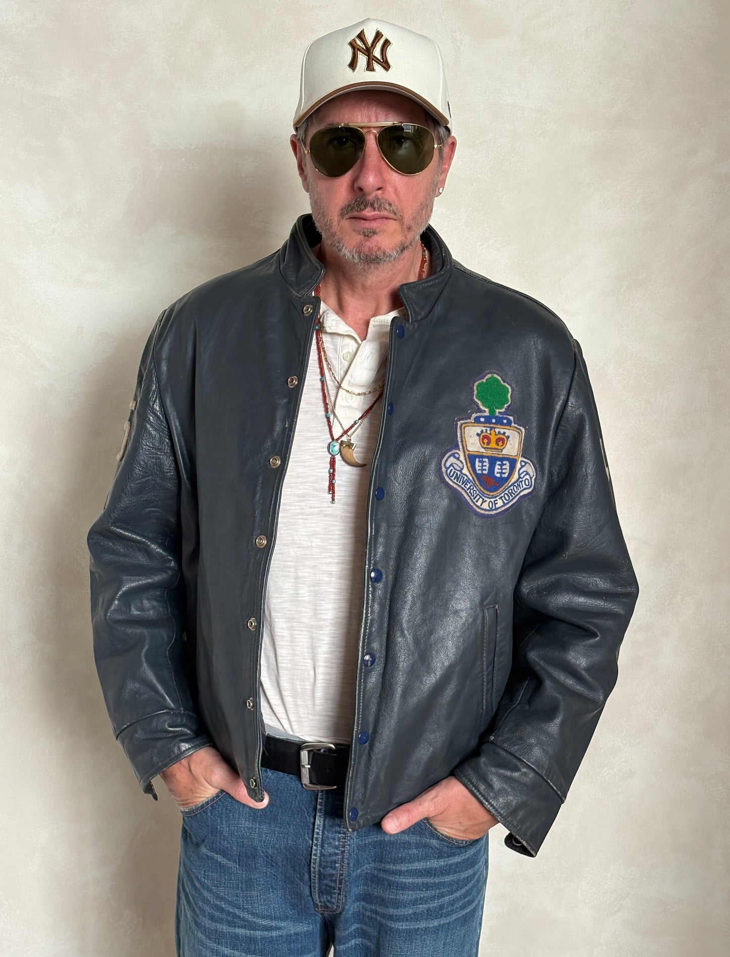 Size Large.  Vintage University of Toronto Leather Varsity Jacket 1970s — Canadian College Bomber — RX Pharmacy Faculty — Made in Canada