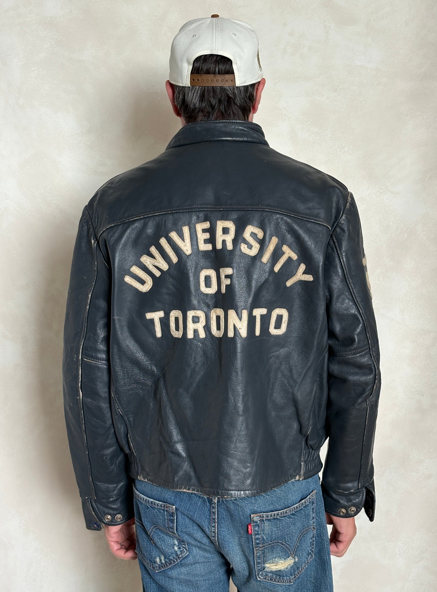 Size Large.  Vintage University of Toronto Leather Varsity Jacket 1970s — Canadian College Bomber — RX Pharmacy Faculty — Made in Canada