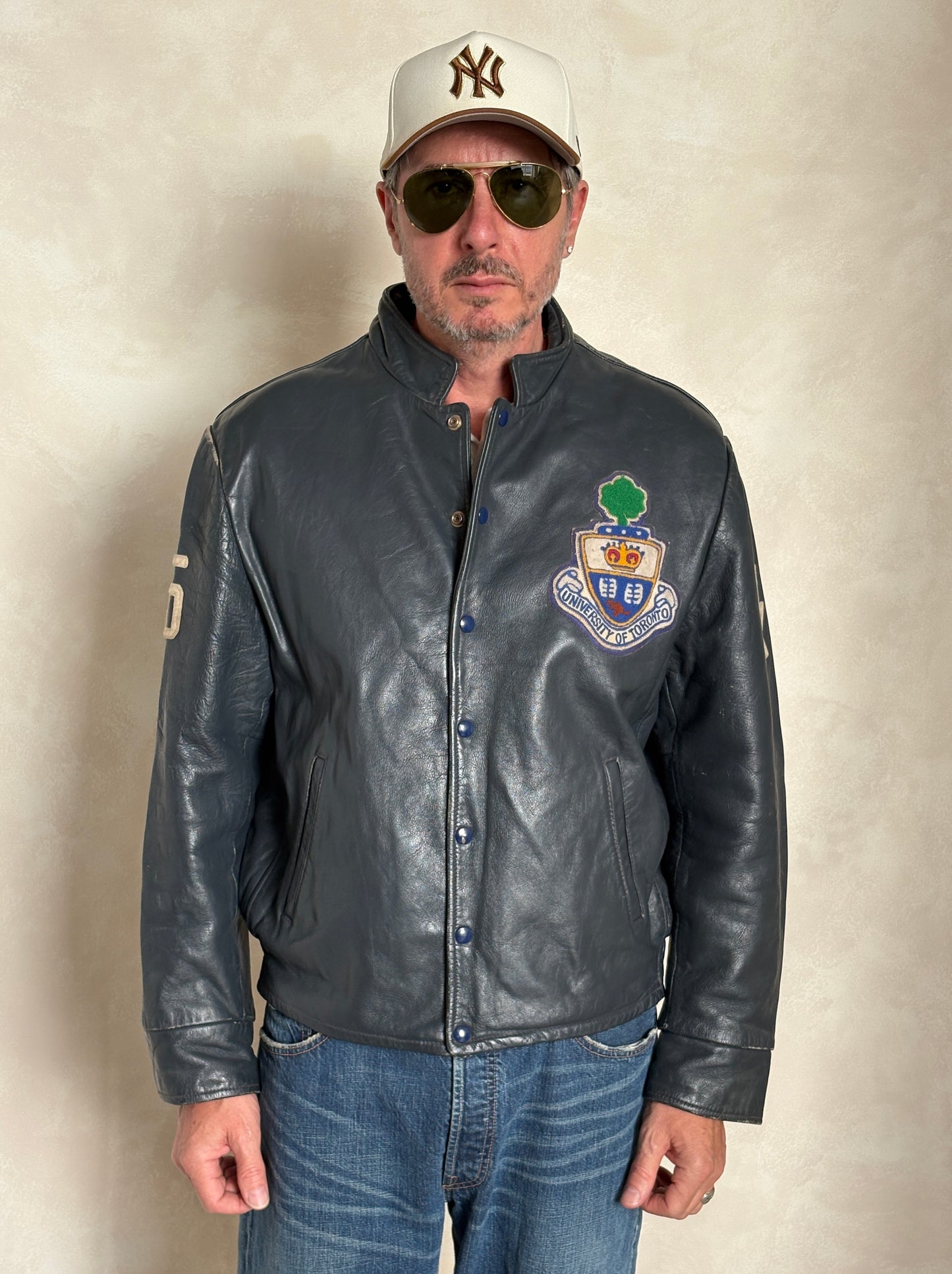 Size Large.  Vintage University of Toronto Leather Varsity Jacket 1970s — Canadian College Bomber — RX Pharmacy Faculty — Made in Canada