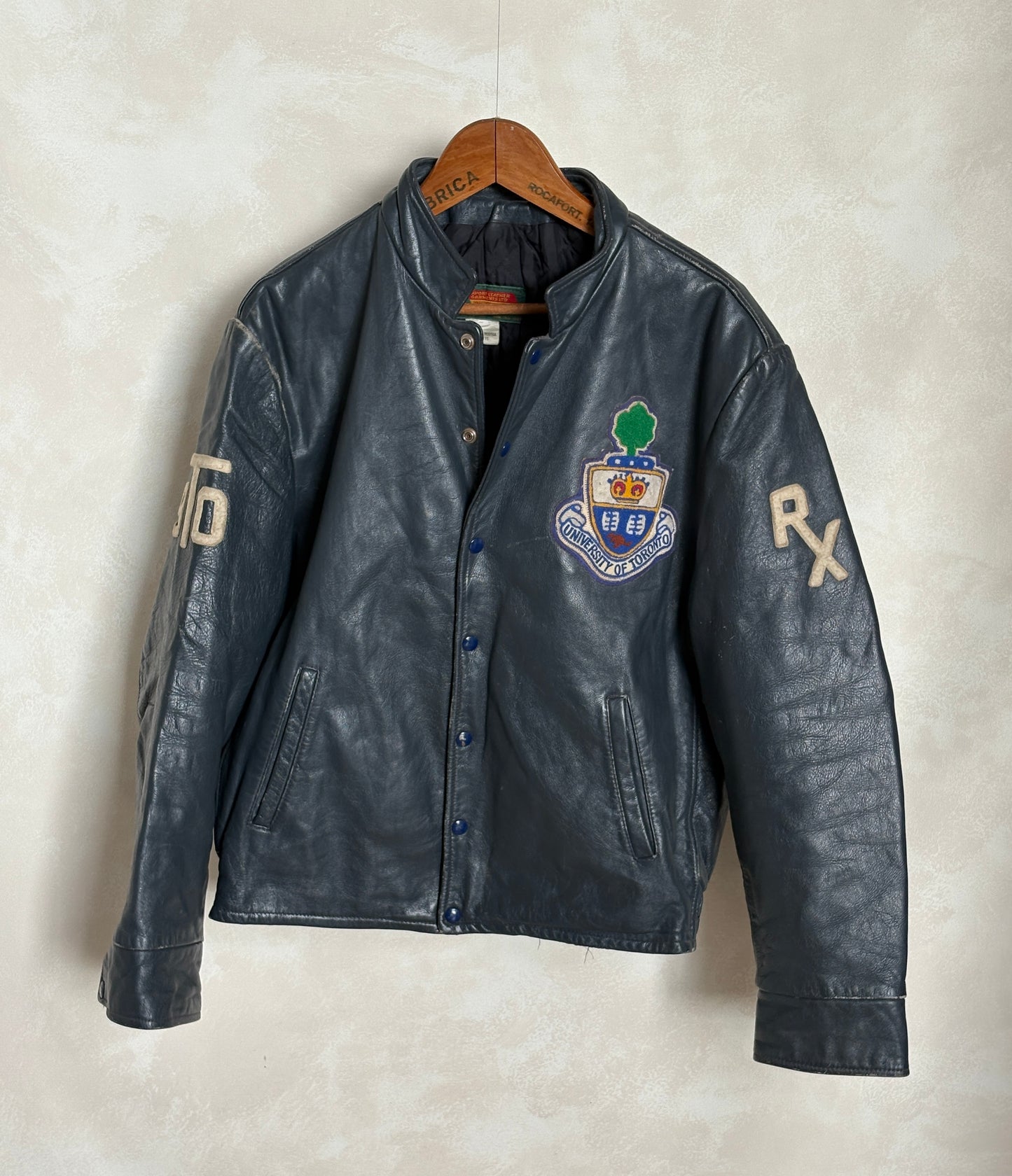 Size Large.  Vintage University of Toronto Leather Varsity Jacket 1970s — Canadian College Bomber — RX Pharmacy Faculty — Made in Canada