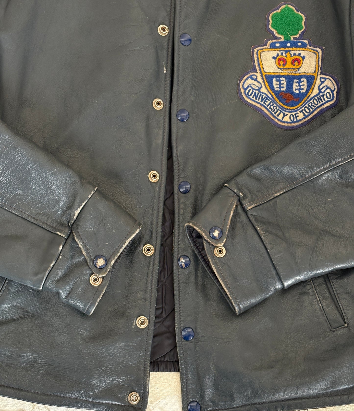 Size Large.  Vintage University of Toronto Leather Varsity Jacket 1970s — Canadian College Bomber — RX Pharmacy Faculty — Made in Canada