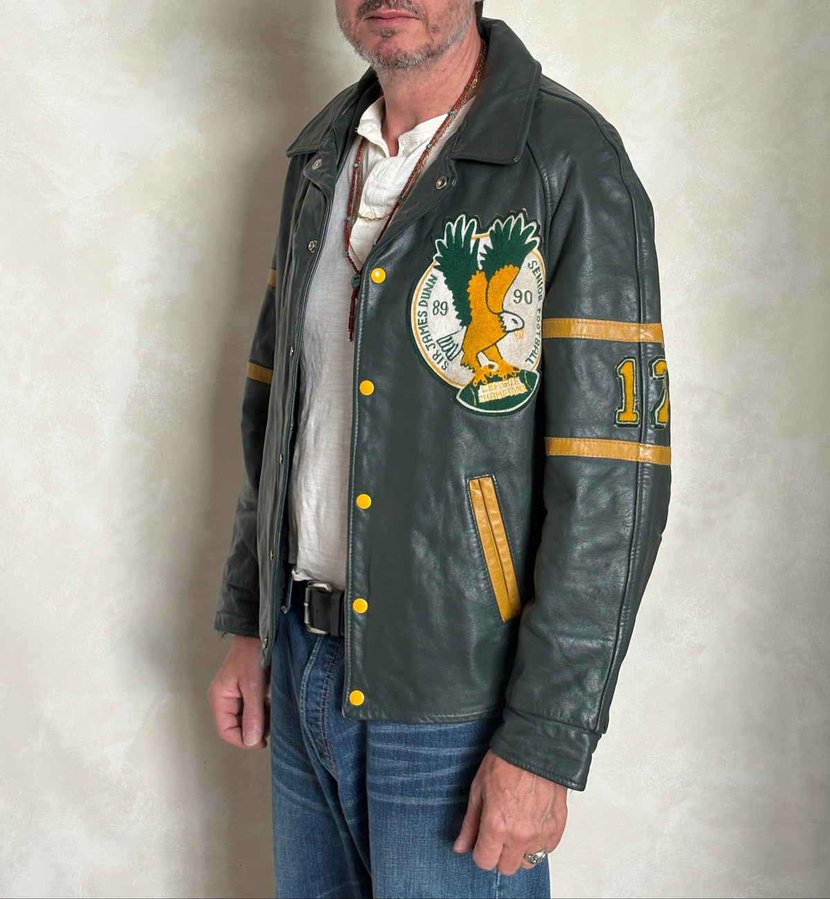 Size 42US / 52EU Vintage 89/90 Sir James Dunn Eagles Leather Varsity Jacket — Canadian High School Football — Made in Canada-AJ357 Studio