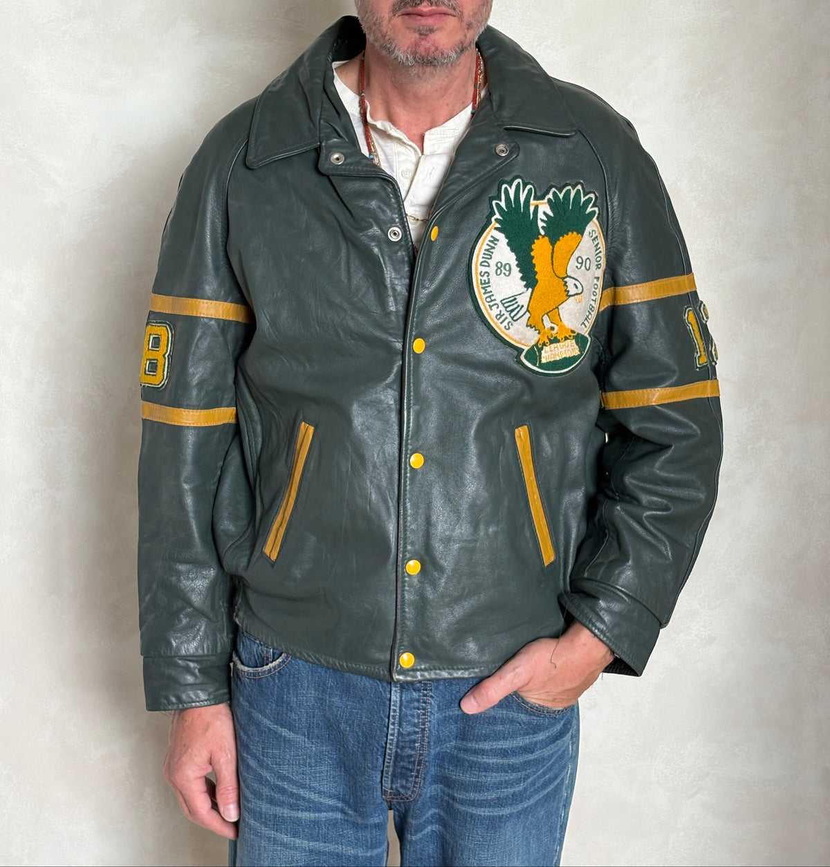 Size 42US / 52EU Vintage 89/90 Sir James Dunn Eagles Leather Varsity Jacket — Canadian High School Football — Made in Canada-AJ357 Studio