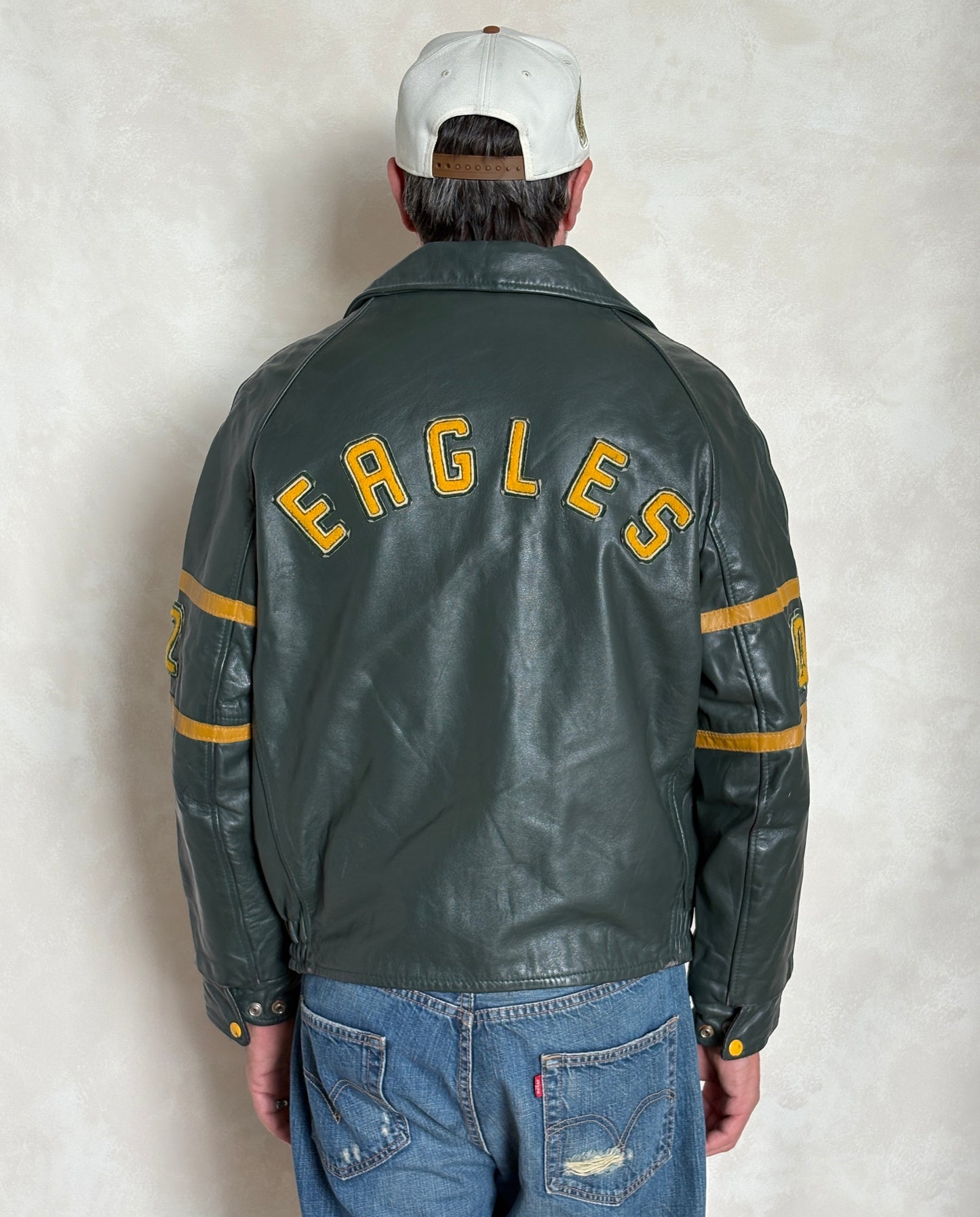 Size 42US / 52EU  Vintage 89/90 Sir James Dunn Eagles Leather Varsity Jacket — Canadian High School Football — Made in Canada