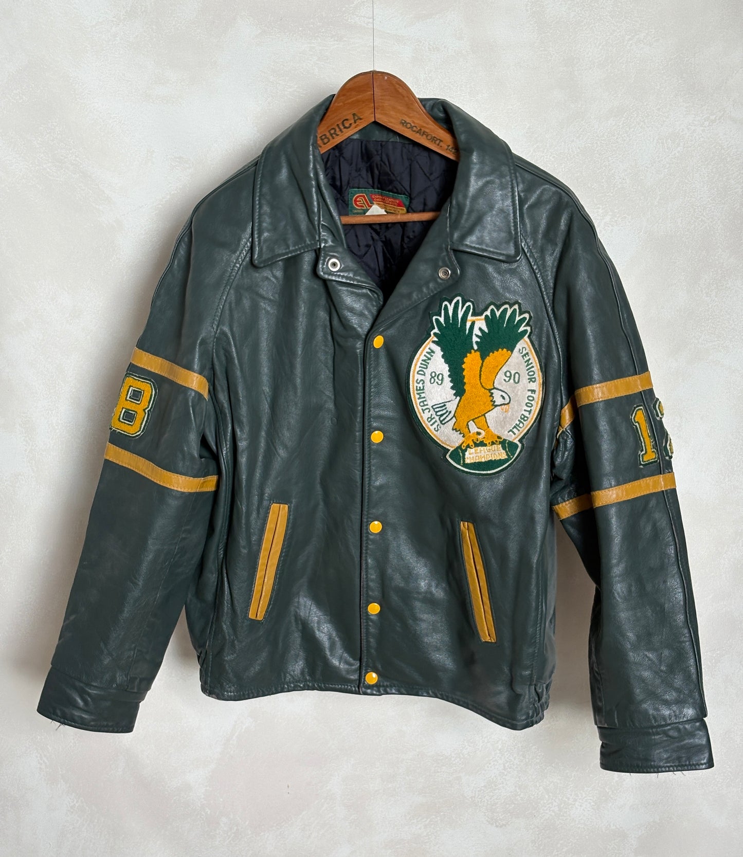 Size 42US / 52EU  Vintage 89/90 Sir James Dunn Eagles Leather Varsity Jacket — Canadian High School Football — Made in Canada