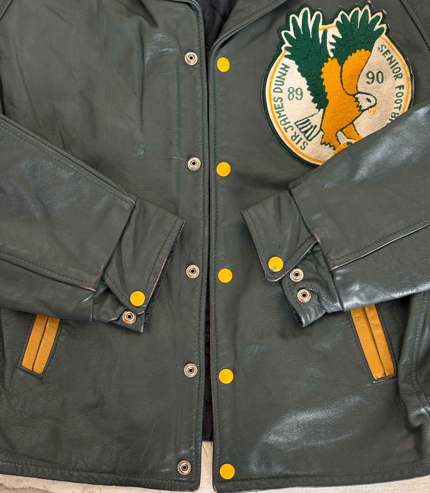 Size 42US / 52EU  Vintage 89/90 Sir James Dunn Eagles Leather Varsity Jacket — Canadian High School Football — Made in Canada
