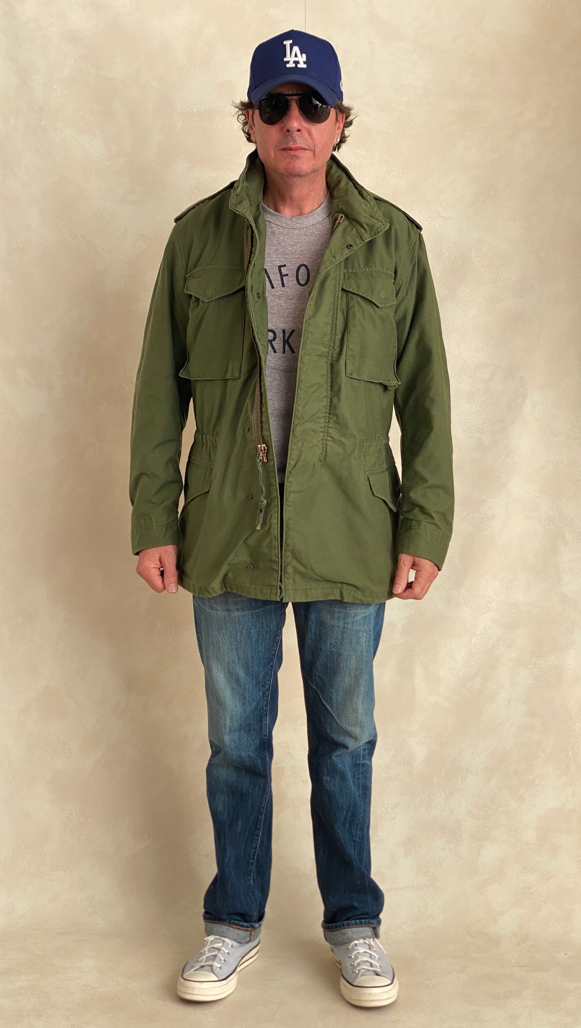 Authentic vintage US Army M-65 OG-107 field jacket, olive drab, size Medium Long.