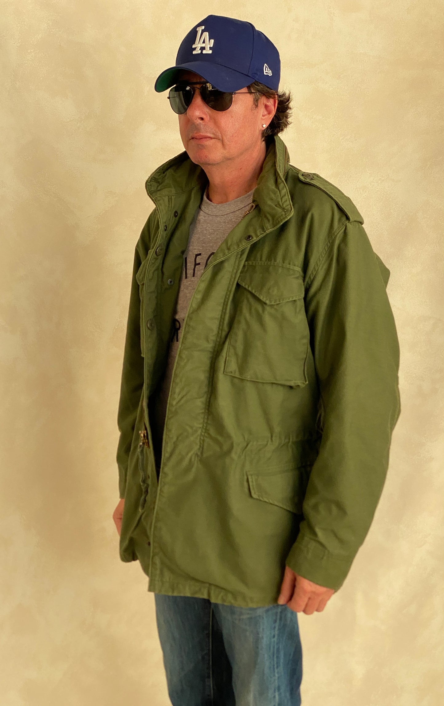 Authentic vintage US Army M-65 OG-107 field jacket, olive drab, size Medium Long.