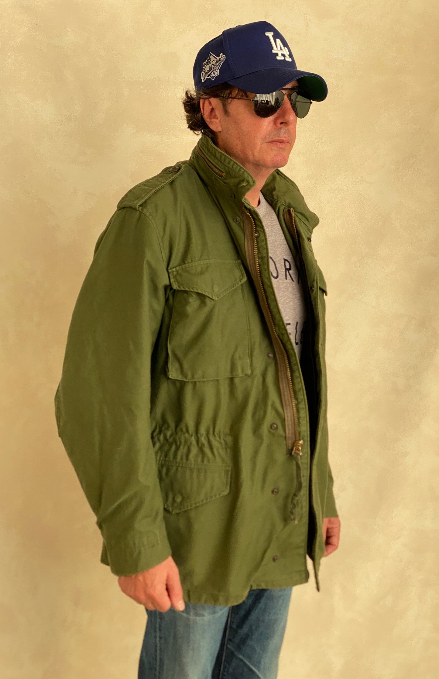 Authentic vintage US Army M-65 OG-107 field jacket, olive drab, size Medium Long.