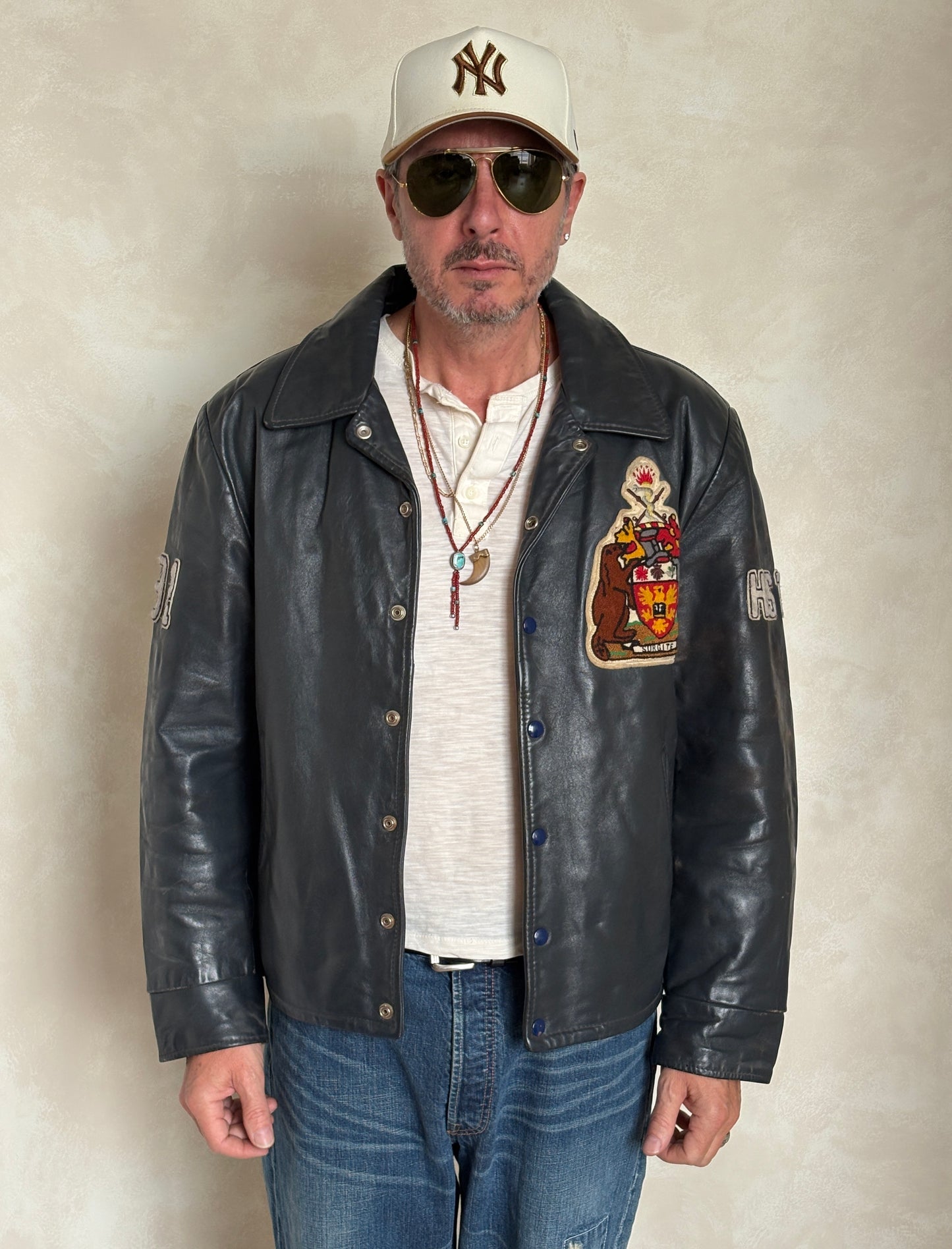Size 48US / 58EU.  Vintage 90s Leather College Jacket — Brock University Bomber — Canadian Varsity Style — History Department Patch