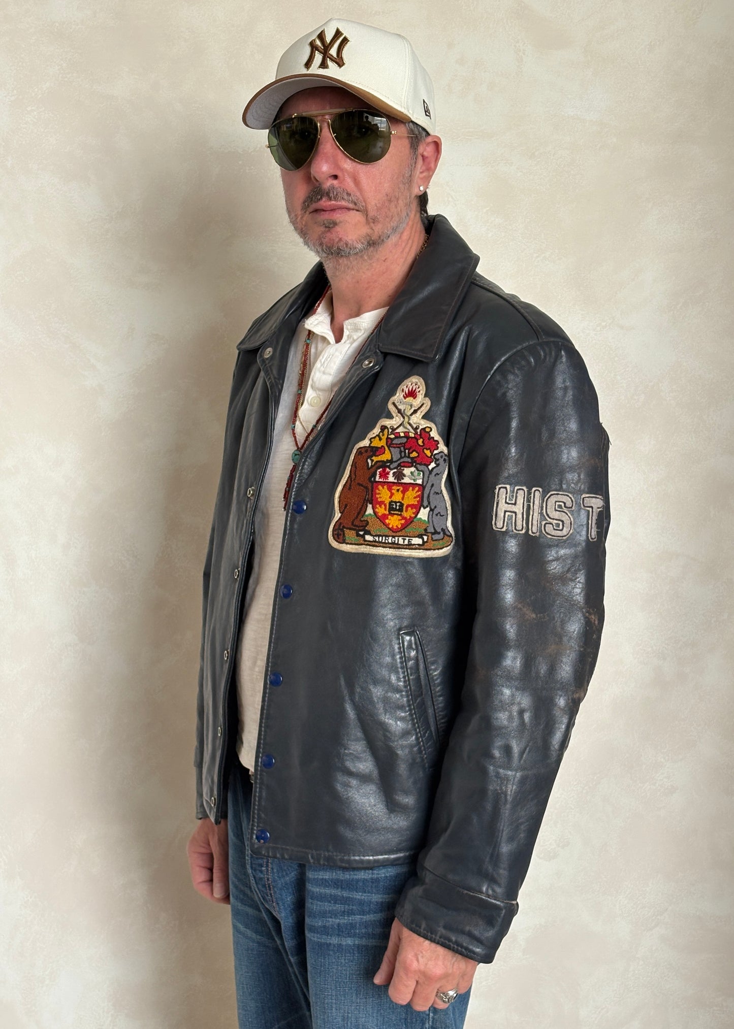 Size 48US / 58EU.  Vintage 90s Leather College Jacket — Brock University Bomber — Canadian Varsity Style — History Department Patch