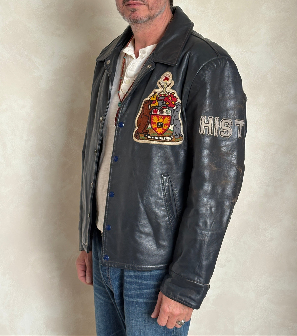 Size 48 US / 58 EU · Vintage 90s Leather College Jacket — Brock University Bomber Canadian Varsity-AJ357 Studio