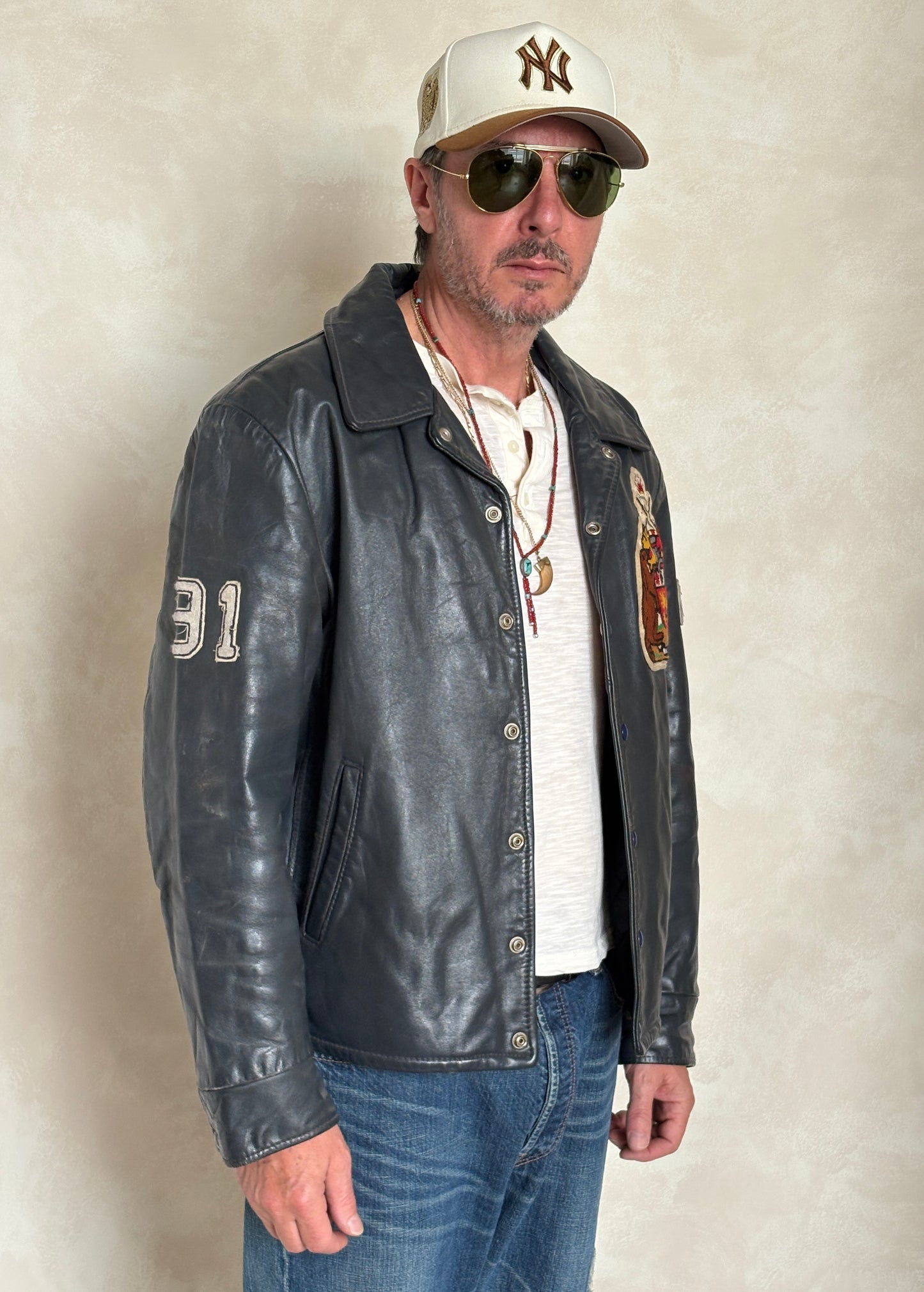 Size 48US / 58EU.  Vintage 90s Leather College Jacket — Brock University Bomber — Canadian Varsity Style — History Department Patch