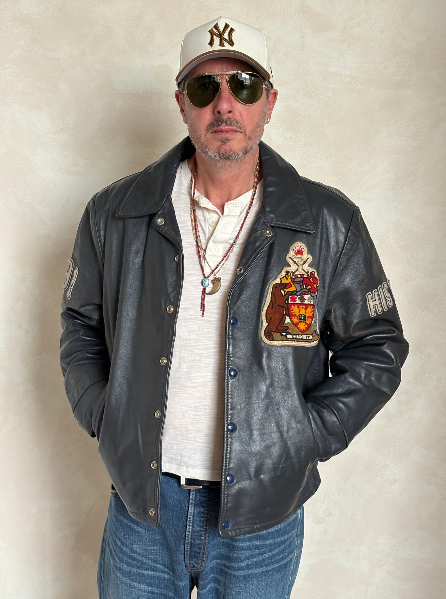 Size 48US / 58EU.  Vintage 90s Leather College Jacket — Brock University Bomber — Canadian Varsity Style — History Department Patch