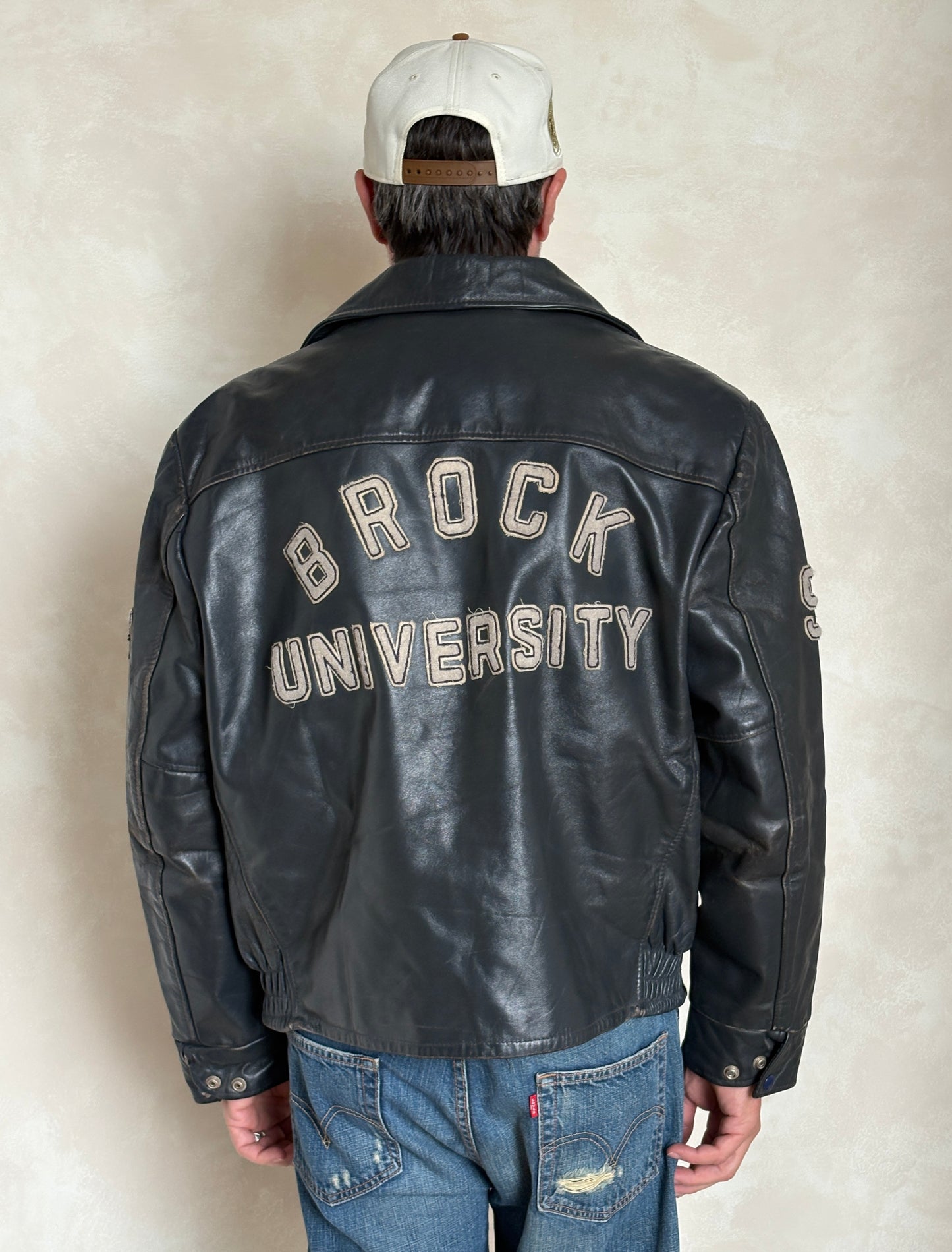 Size 48US / 58EU.  Vintage 90s Leather College Jacket — Brock University Bomber — Canadian Varsity Style — History Department Patch