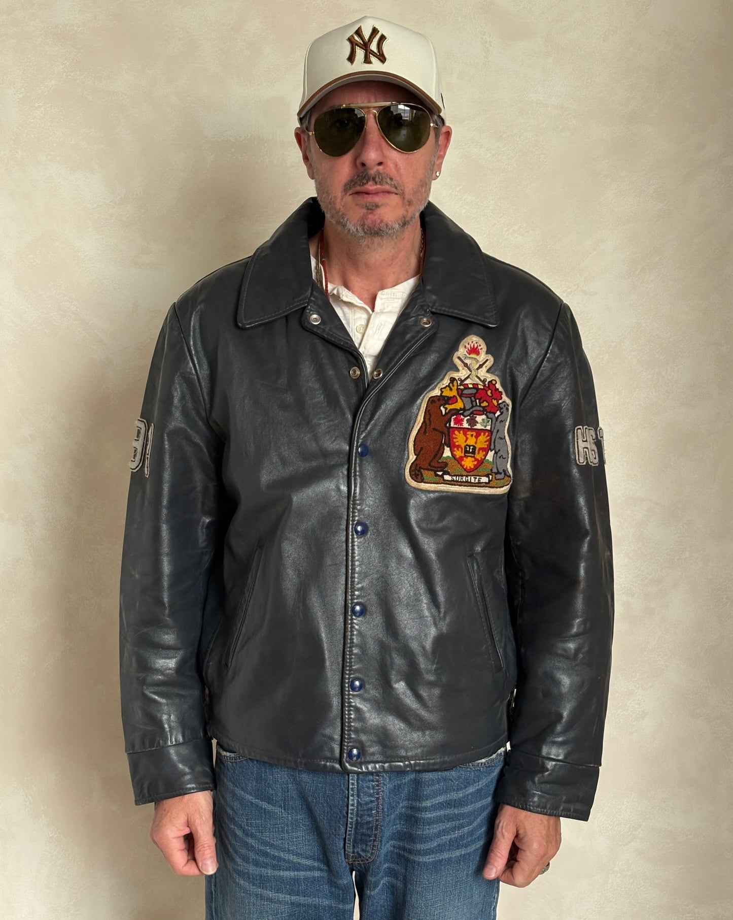 Size 48US / 58EU.  Vintage 90s Leather College Jacket — Brock University Bomber — Canadian Varsity Style — History Department Patch
