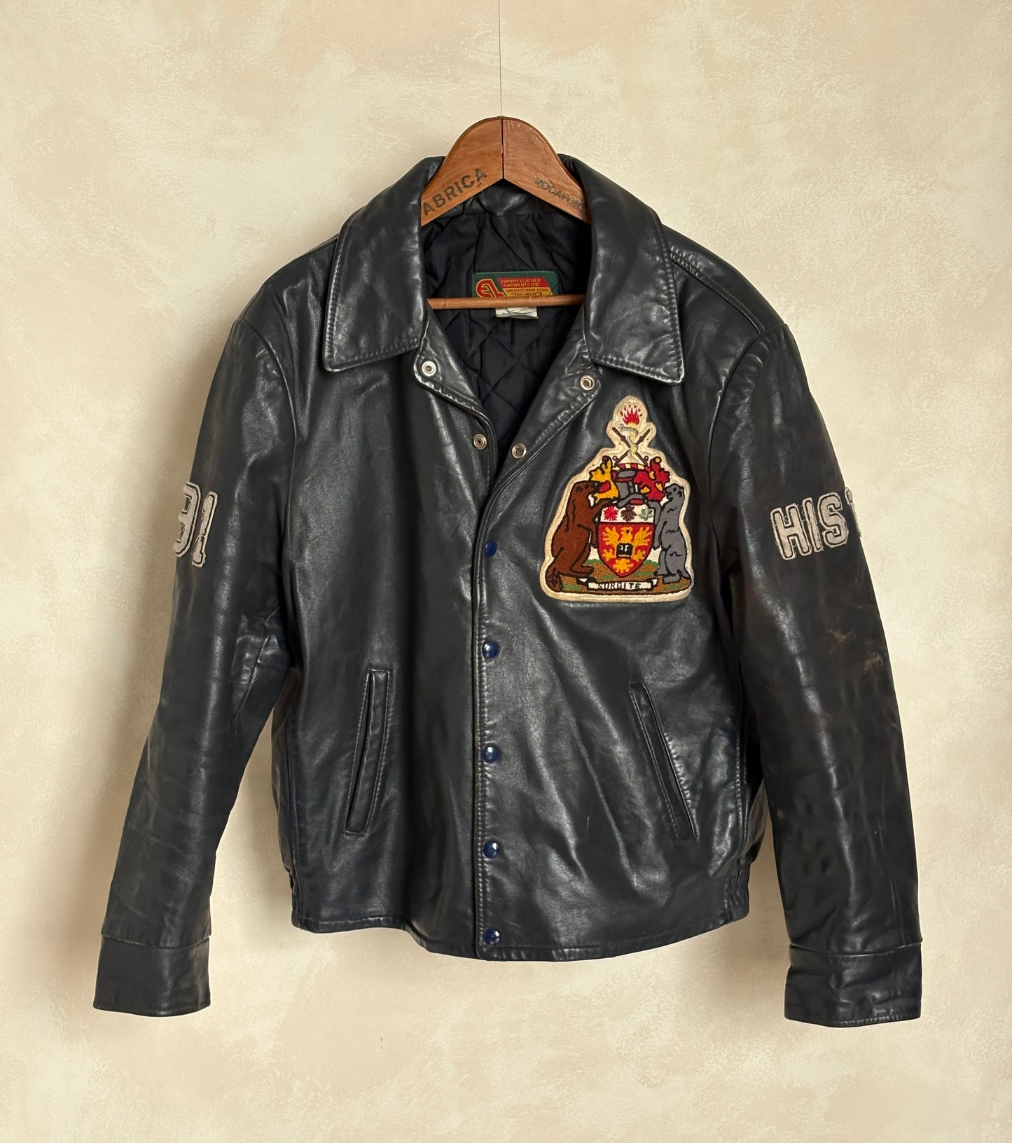 Size 48US / 58EU.  Vintage 90s Leather College Jacket — Brock University Bomber — Canadian Varsity Style — History Department Patch