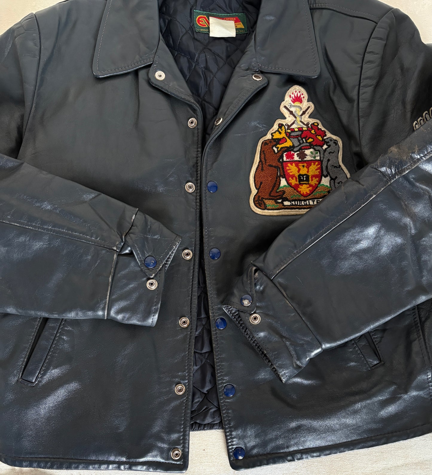 Size 48US / 58EU.  Vintage 90s Leather College Jacket — Brock University Bomber — Canadian Varsity Style — History Department Patch