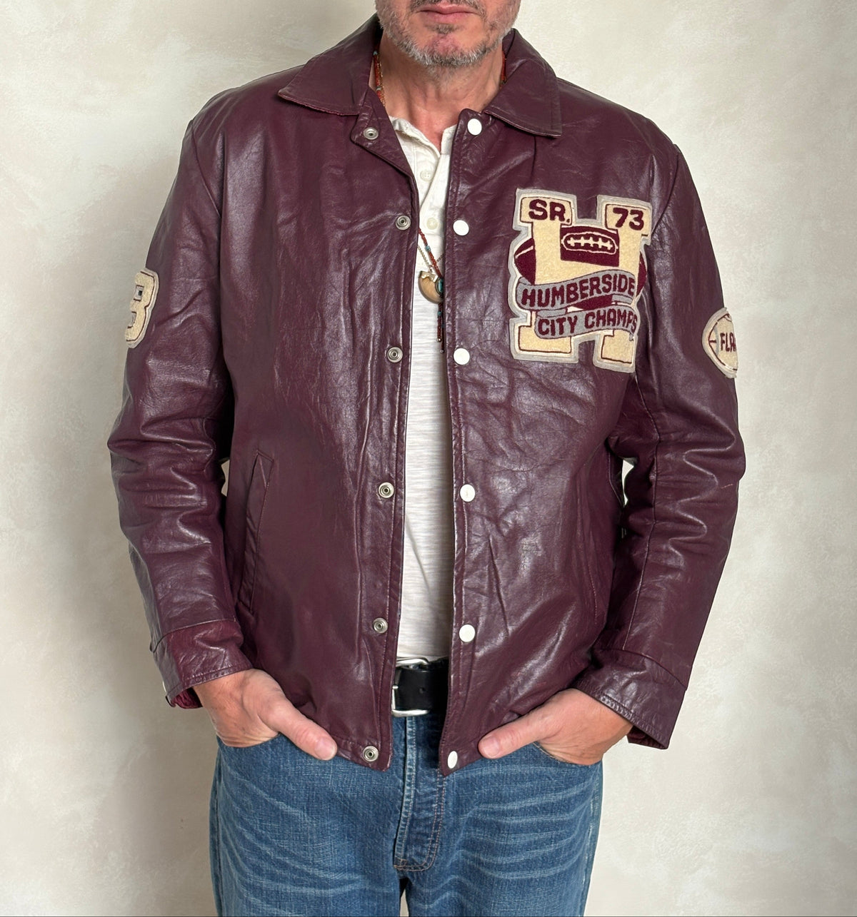 Size 42US / 52EU Vintage 1973 Humberside Collegiate Varsity Leather Jacket — Canadian High School Football — City Champs — Made in Canada-AJ357 Studio