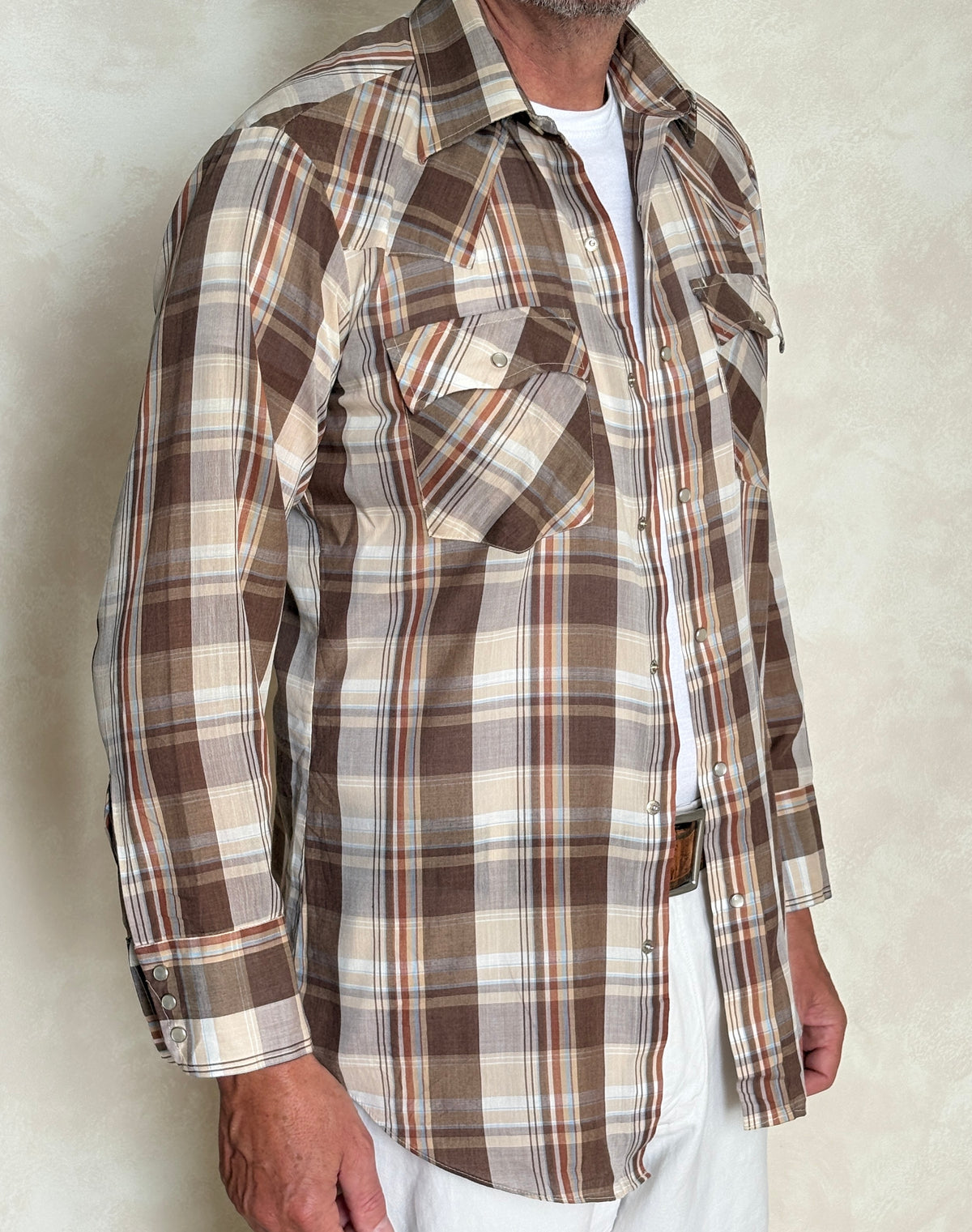 Vintage 1970s Levi’s Western Plaid Shirt — Pearl Snap — Size Medium