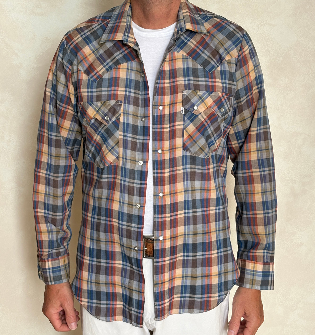 Vintage 1970s Levi’s Big E Western Plaid Shirt — Pearl Snap — Size Large