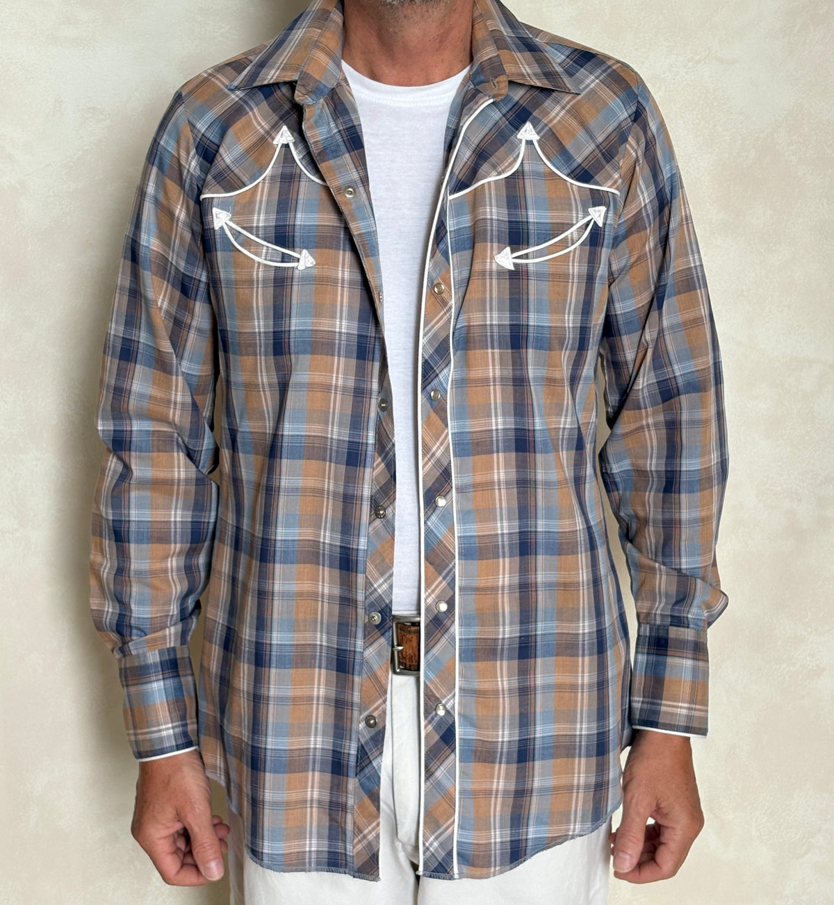 Vintage 70s TemTex Western Plaid Shirt — Pearl Snap — Size Medium Long