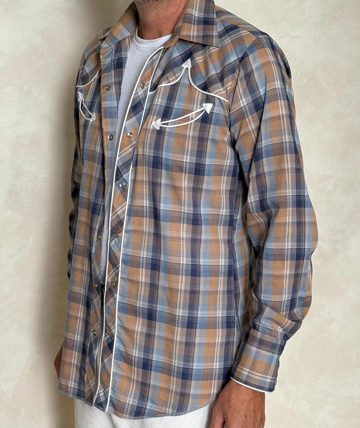 Vintage 70s TemTex Western Plaid Shirt — Pearl Snap — Size Medium Long