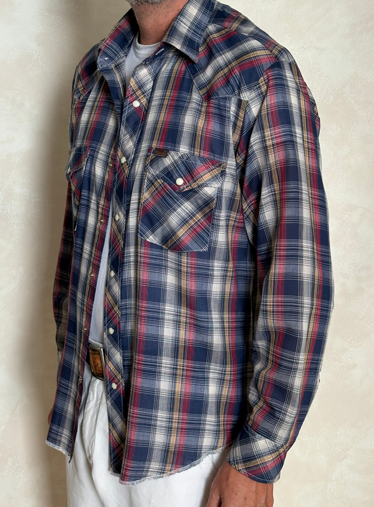 Vintage Wrangler Western Plaid Shirt — Pearl Snap — Size Large made in USA